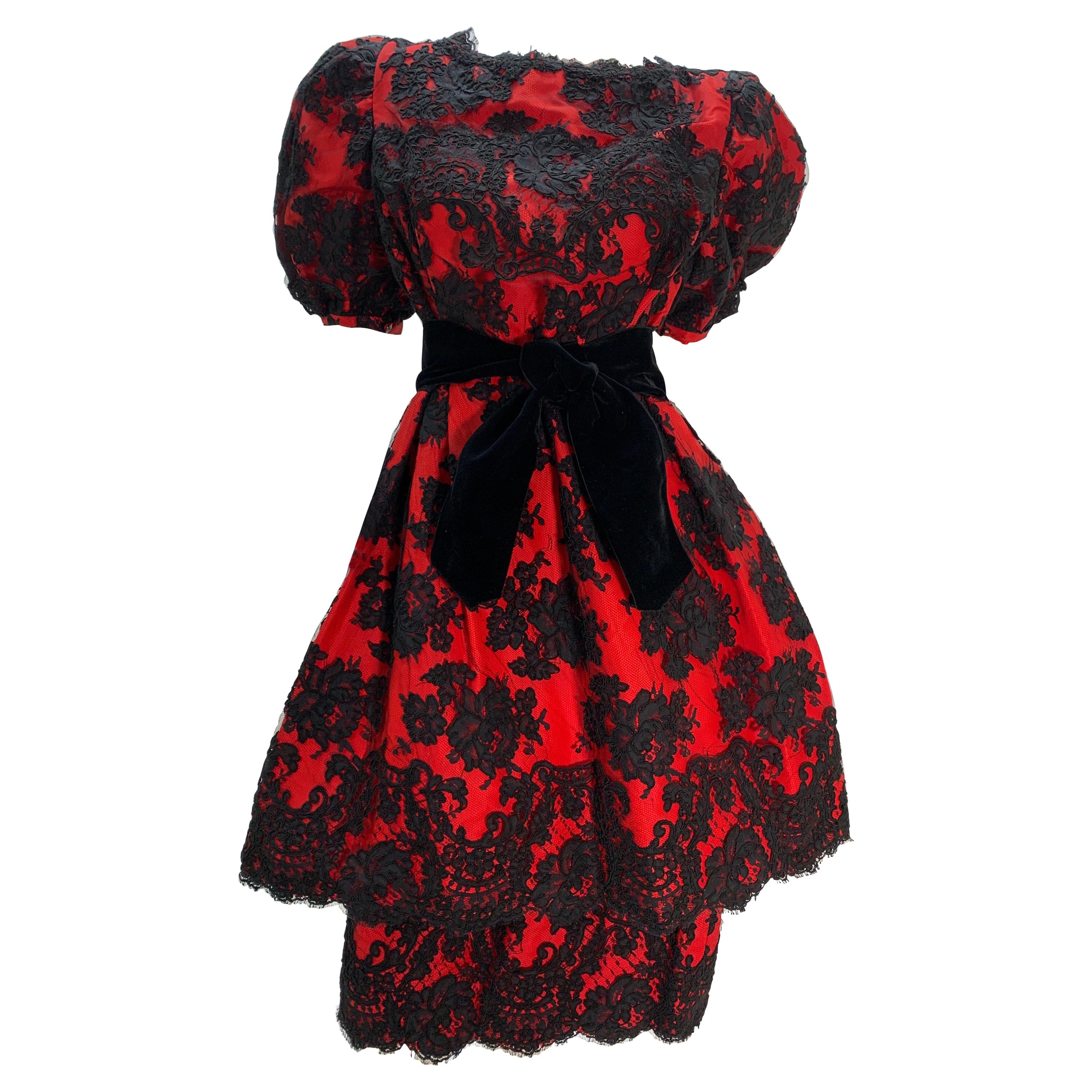 1980 Pauline Trigere Red Silk Taffeta & Black Lace Overlay Cocktail Dress 