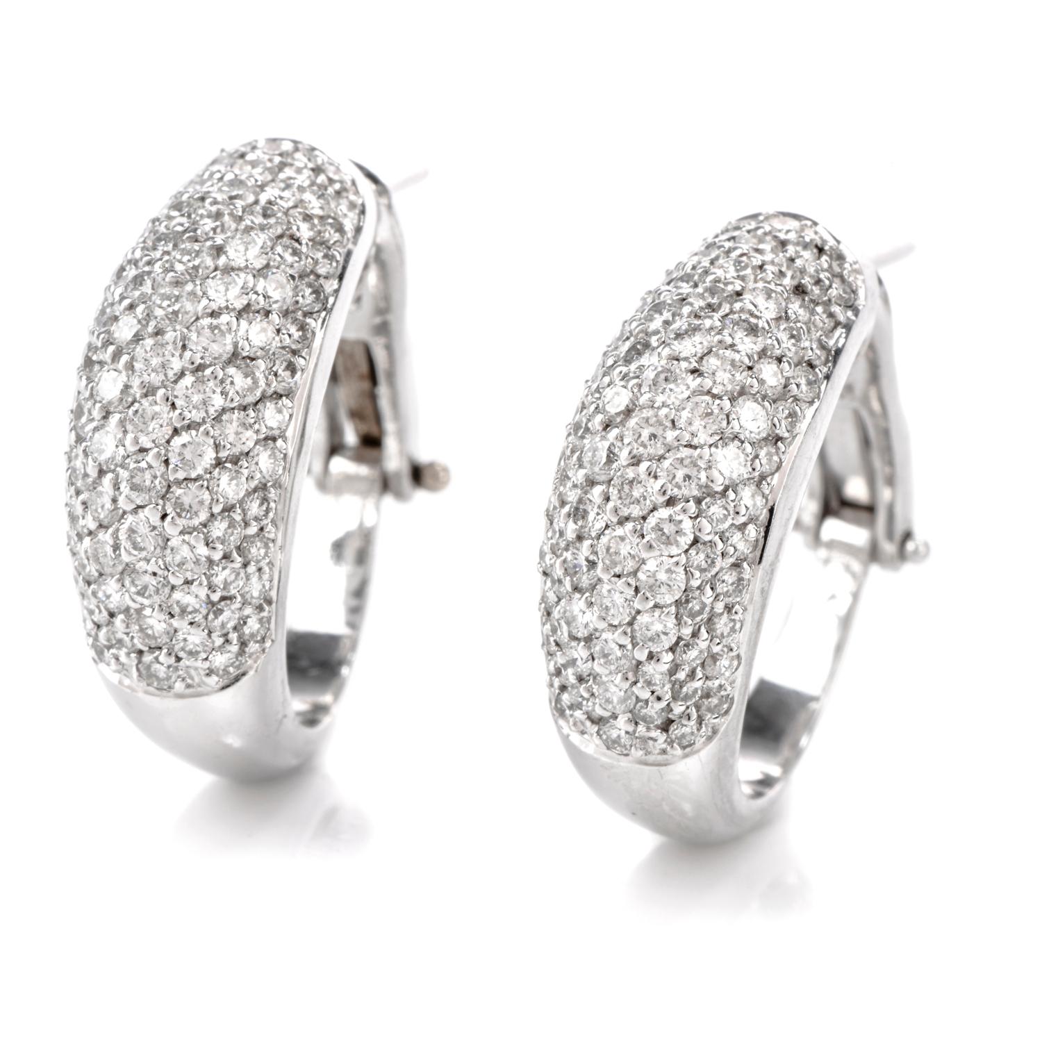 1980 Pave Diamond 18 Karat Dome Hoop Omega Clip-On Earrings In Excellent Condition In Miami, FL