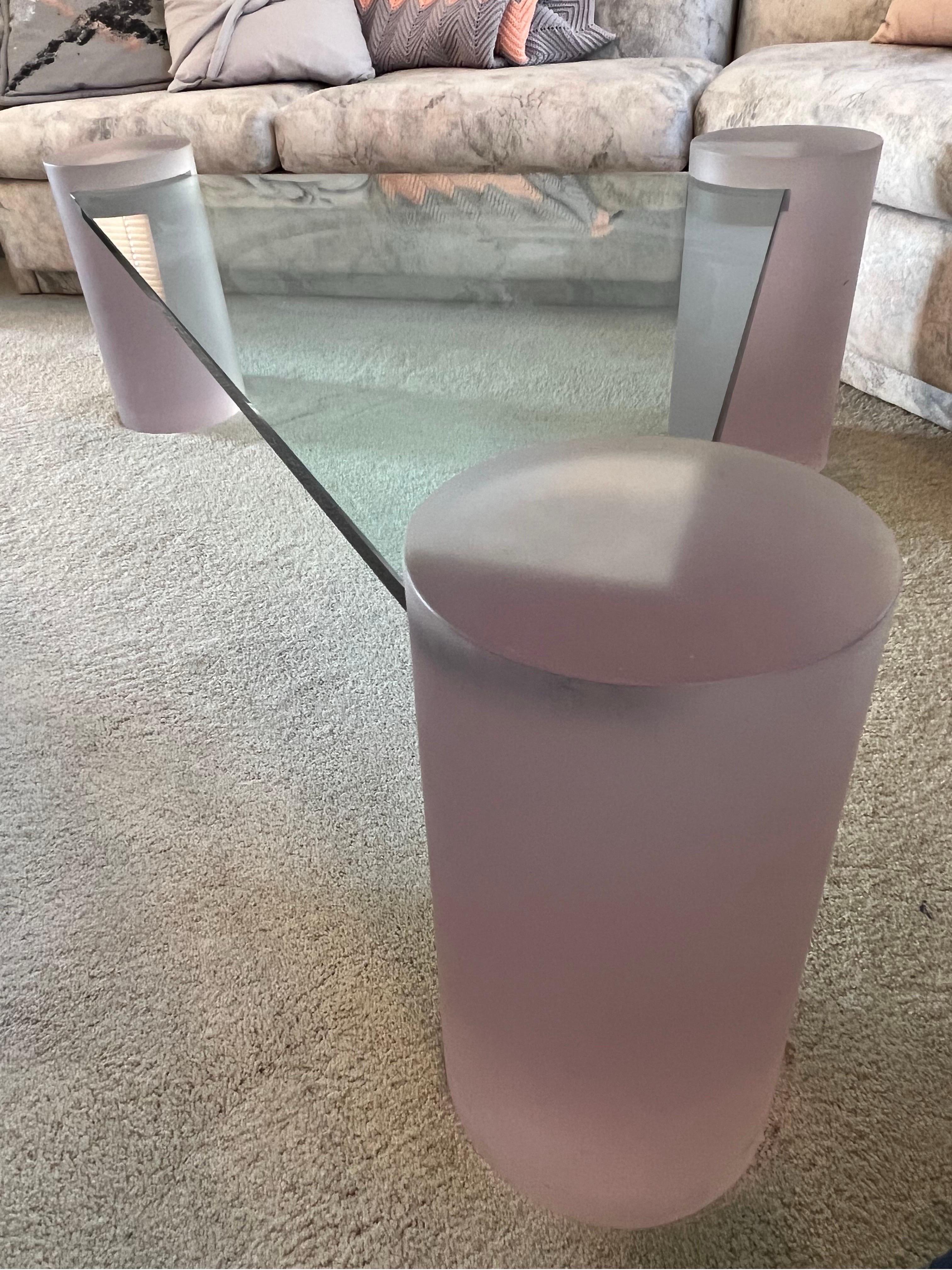 1980 Pink Frosted Glass Triangle Coffee Table For Sale 6
