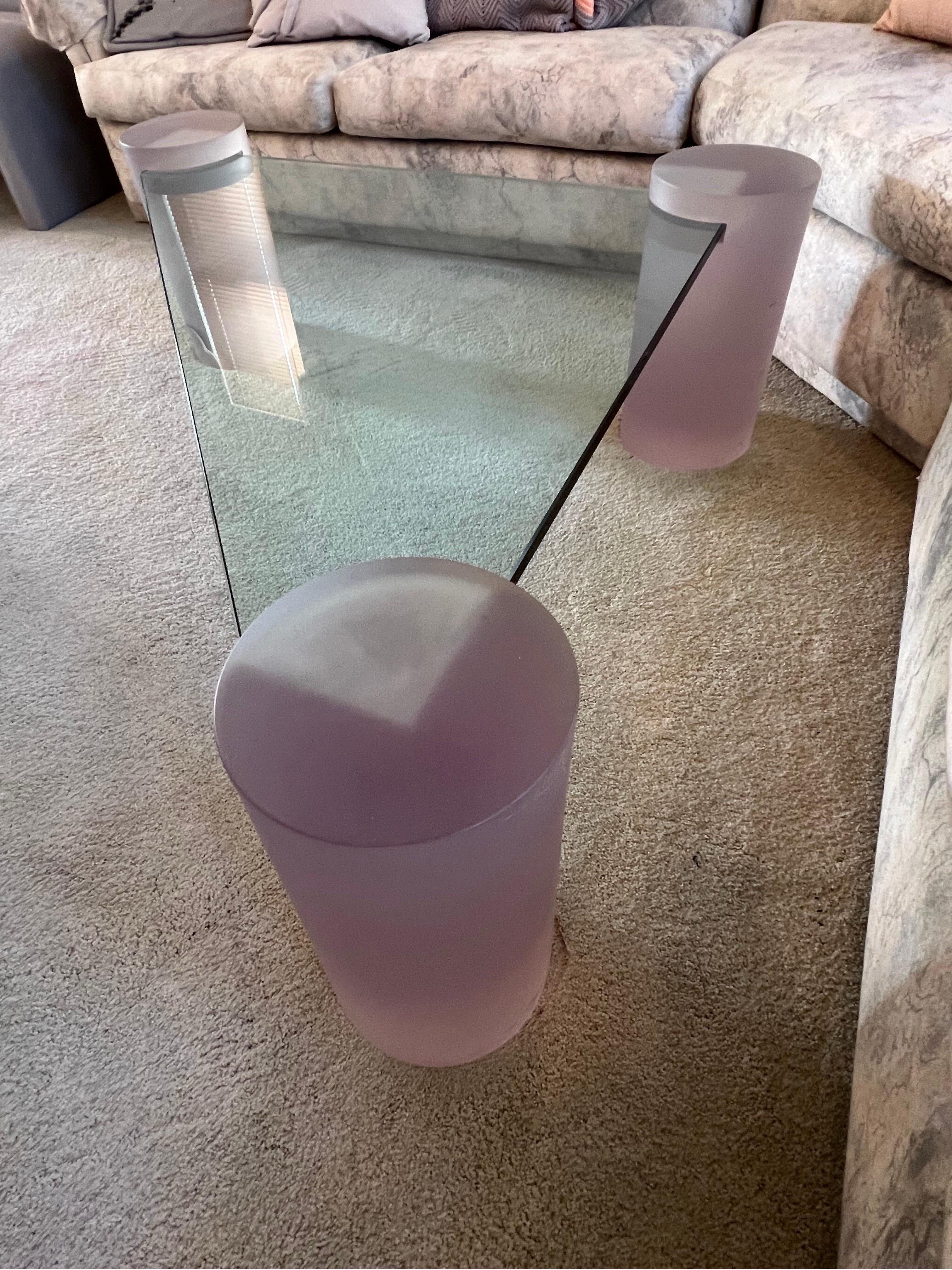 1980 Pink Frosted Glass Triangle Coffee Table For Sale 3