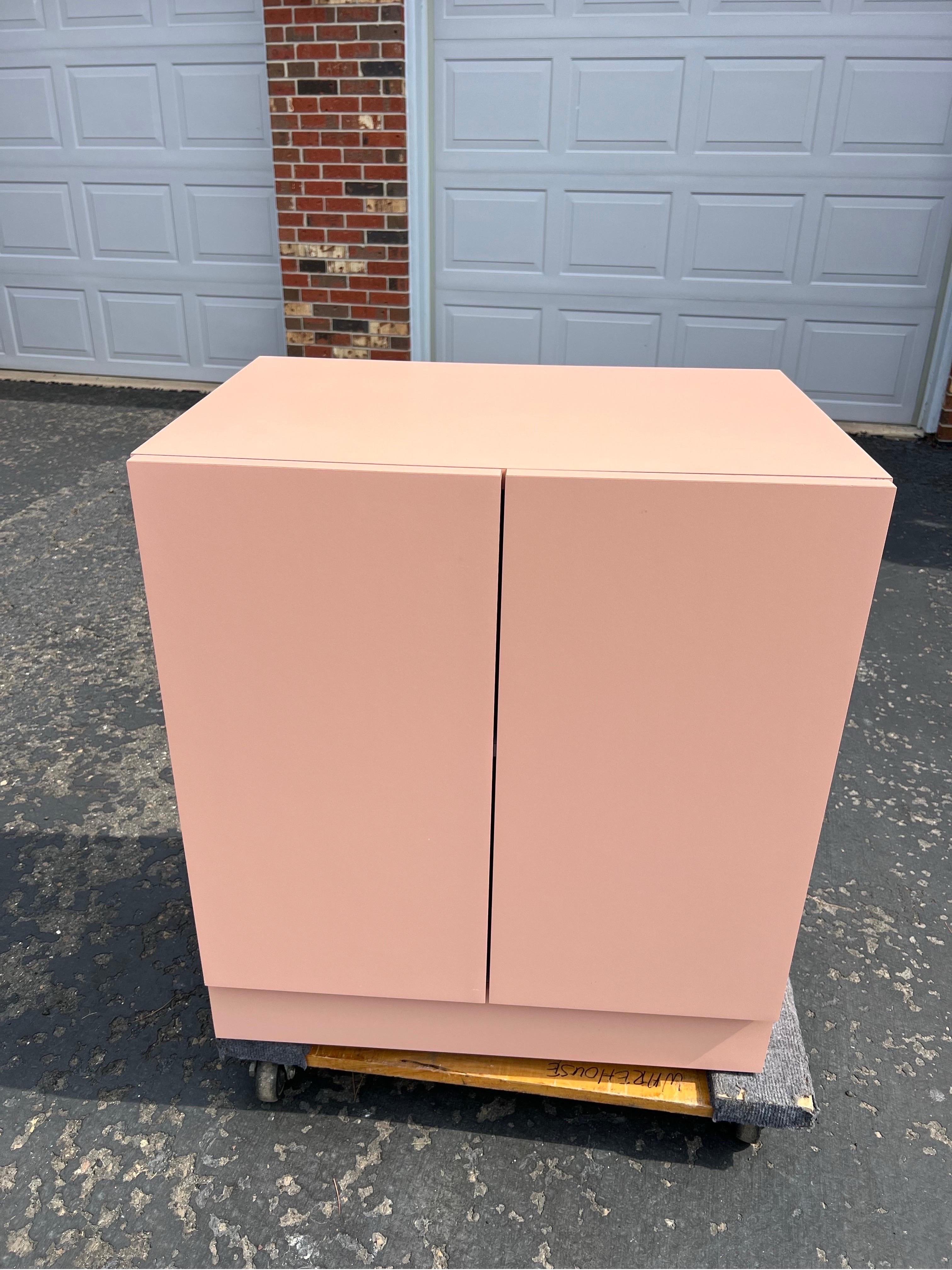 Armoire de rangement en stratifié rose de 1980, fabriquée sur mesure par le propriétaire d'origine.

Idéal pour ranger vos livres ou vos objets en verre. Vintage, en excellent état.