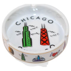 Vintage 1980 Post Modern Ashtray Chicago Round Ceramic with Colorful Architecture Design