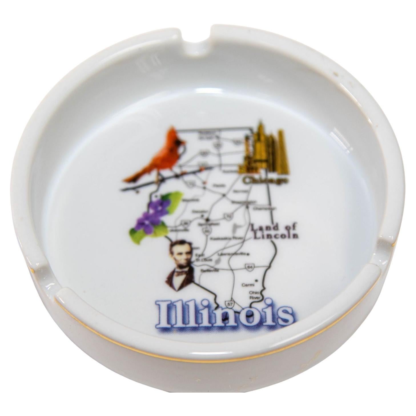 1980 Post Modern Ashtray Illinois Land of President Lincoln Round Ceramic Dish For Sale
