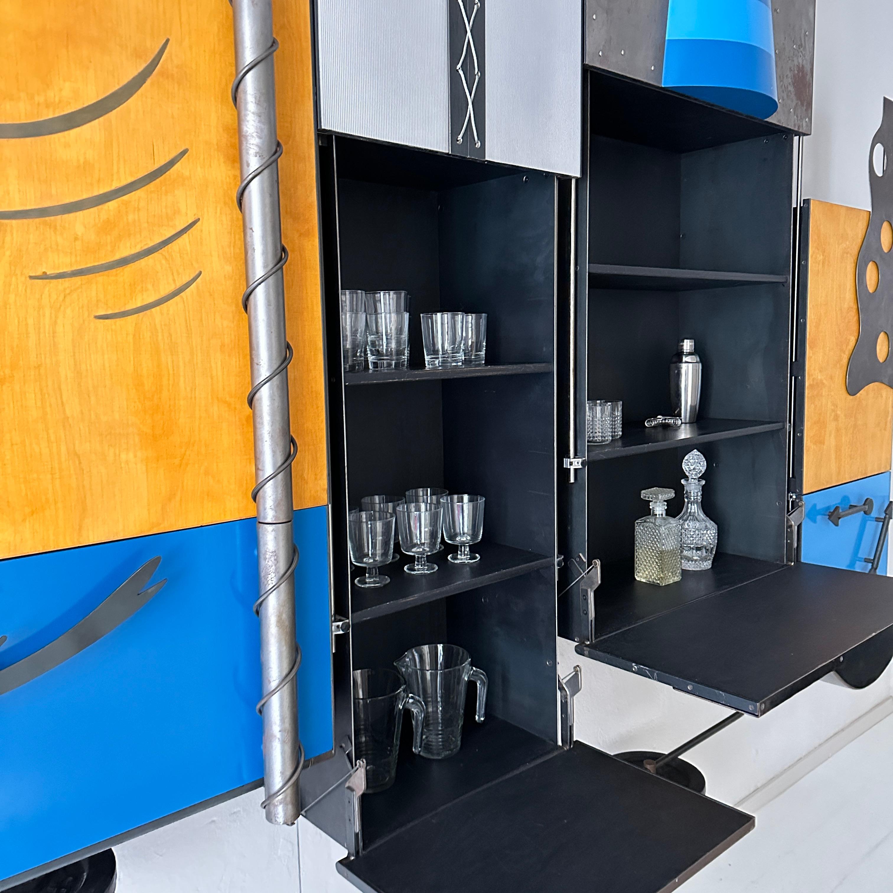 German 1980 Post-Modern Big Wall-Unit in Metall, lacquered Plywood in Blue, White Black For Sale