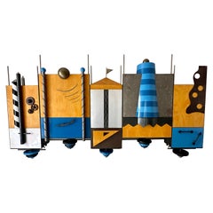 Postmoderner großer WandUnit aus Metall, lackiertes Sperrholz in Blau, Weiß-Schwarz, 1980