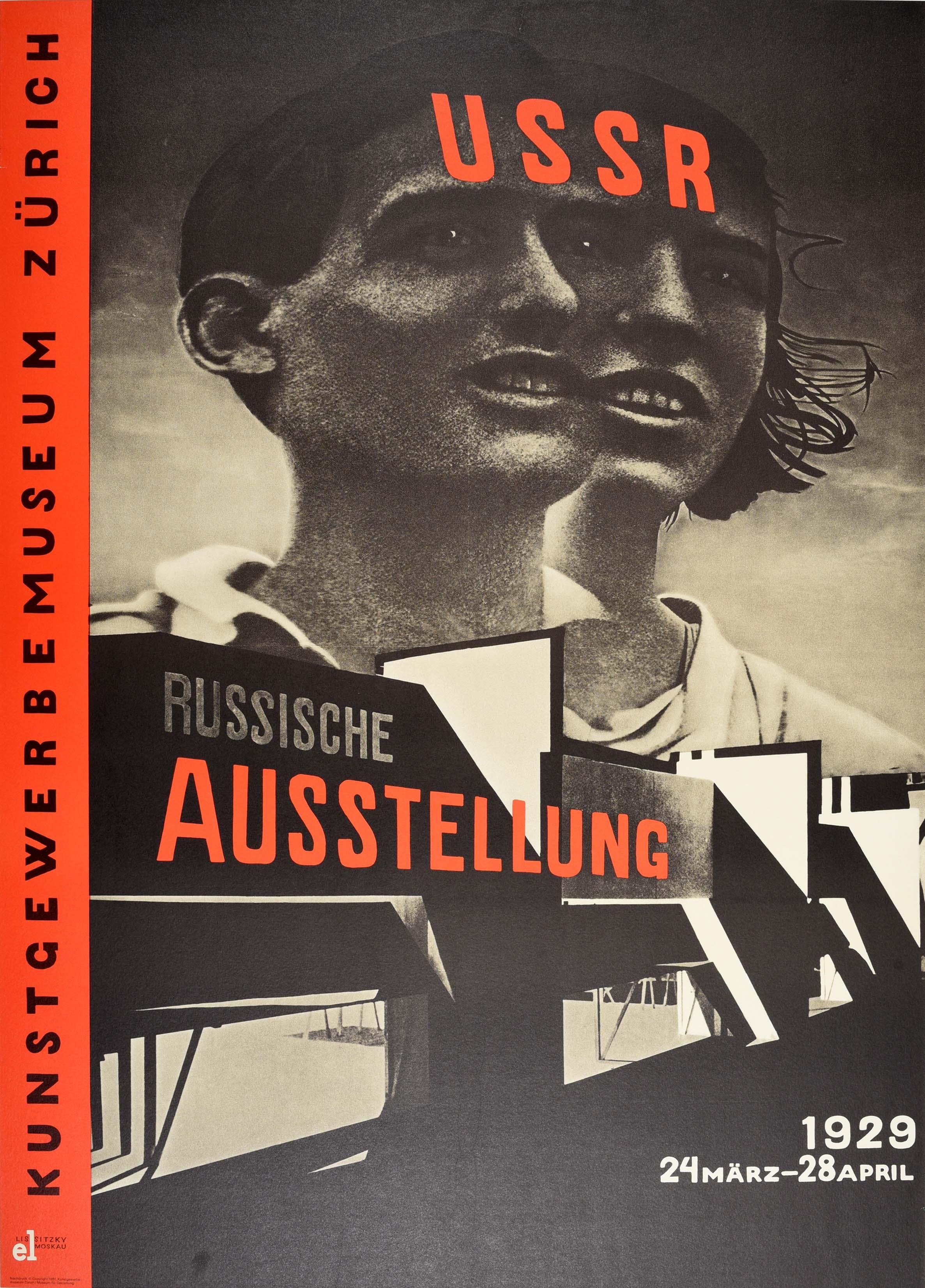 Reproduction vintage d'une affiche émise par le Kunstgewerbemuseum Zurich Museum Of Design en 1980, représentant une affiche constructiviste conçue par le célèbre artiste El Lissitsky (Lazar Markovich Lissitzky ; 1890-1941) pour une exposition russe