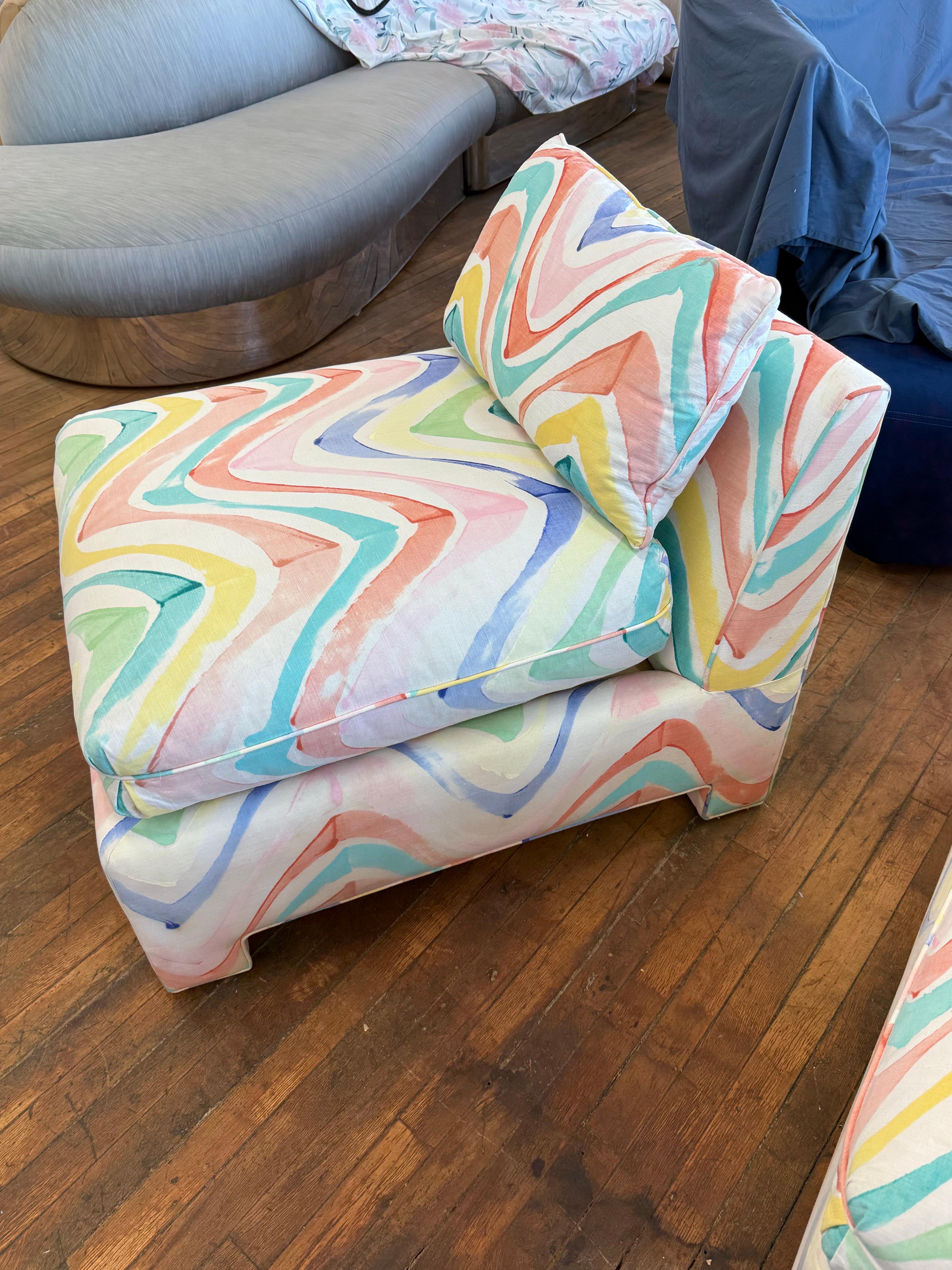 1980 Rainbow Patterns Slipper Chairs - a Pair, hand painted by a local artist in Miami, FL
