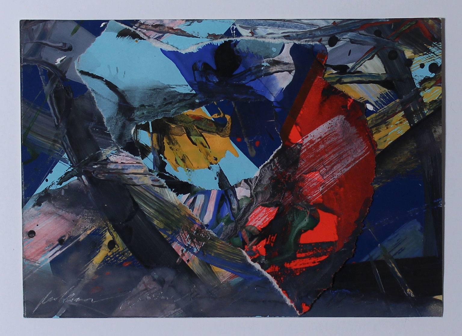 A strong little abstract oil collage from 1980 by Richard Allen Morris. Overall frame measures 13