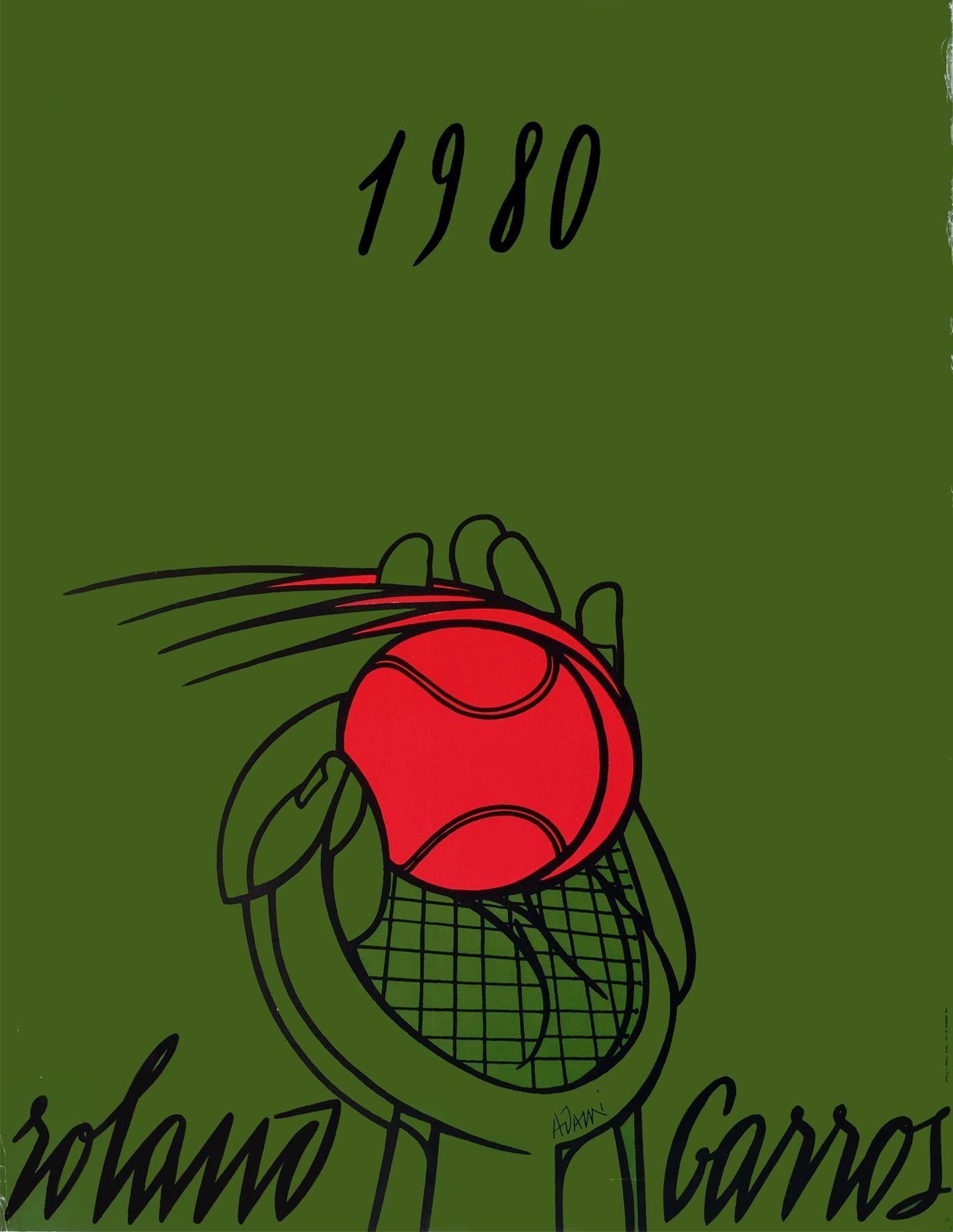 Rare original 1980 green promotional poster for the French Open at Roland Garros.

Freehand illustration design by Valerio Adami.

Rolled.

Measures: L 75cm x W 57cm.