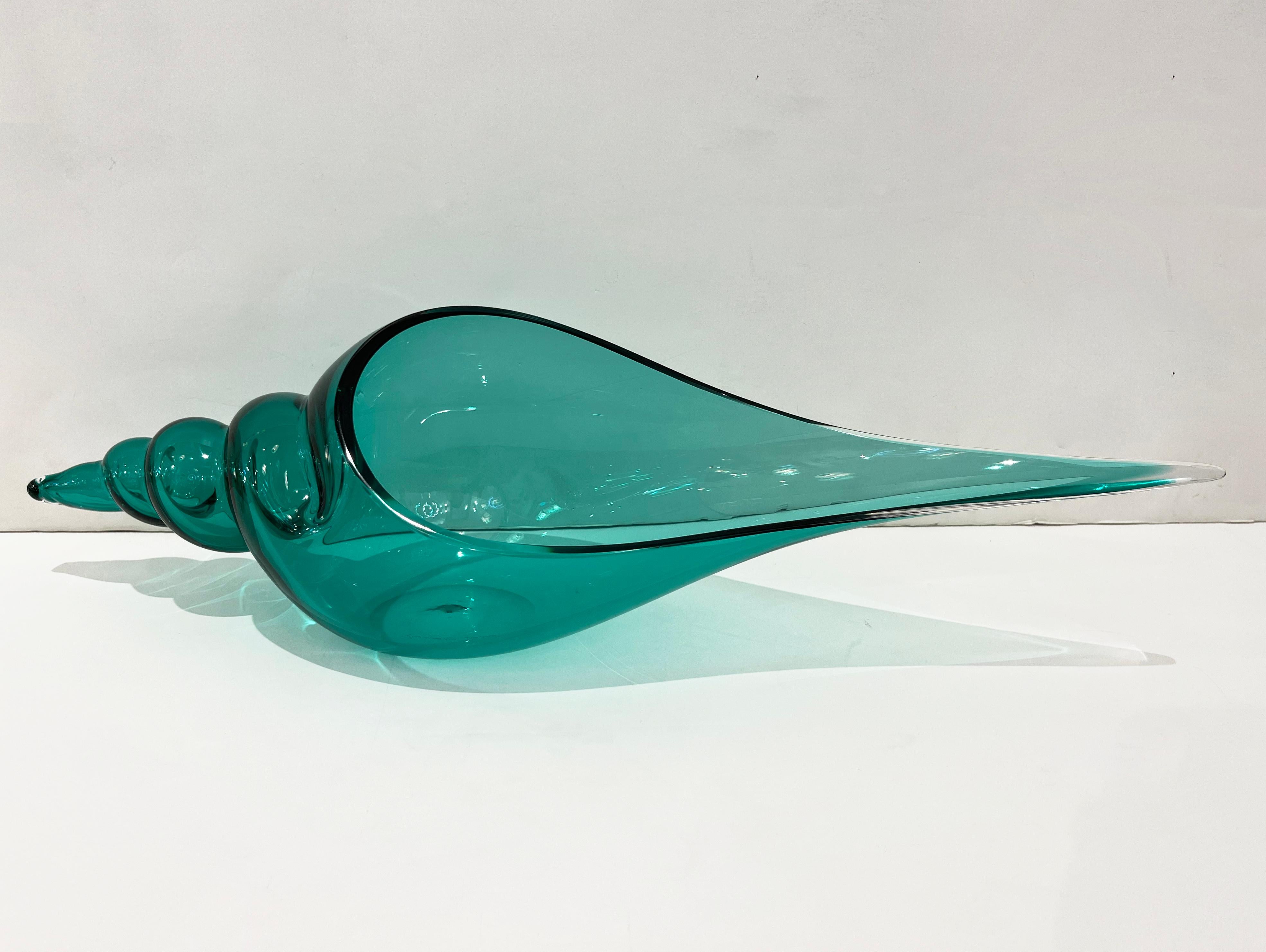 1980 Romano Donà Italian Modern Aqua Turquoise Murano Art Glass Spire Shell Bowl 6
