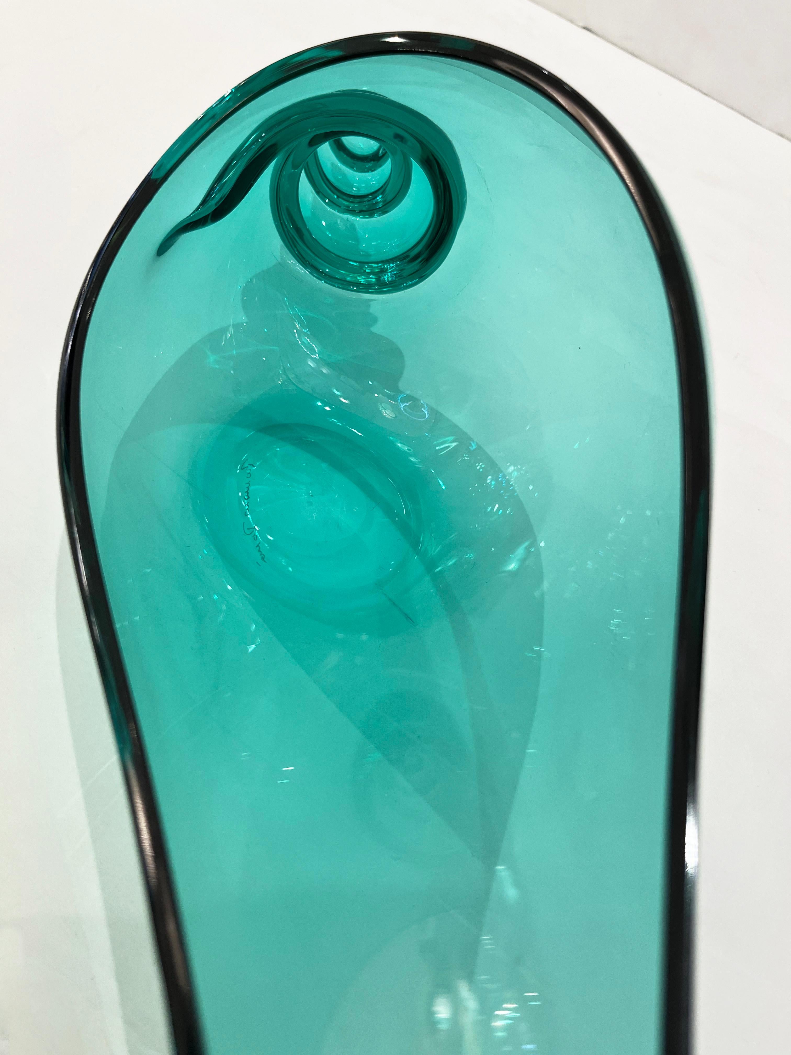 1980 Romano Donà Italian Modern Aqua Turquoise Murano Art Glass Spire Shell Bowl 12