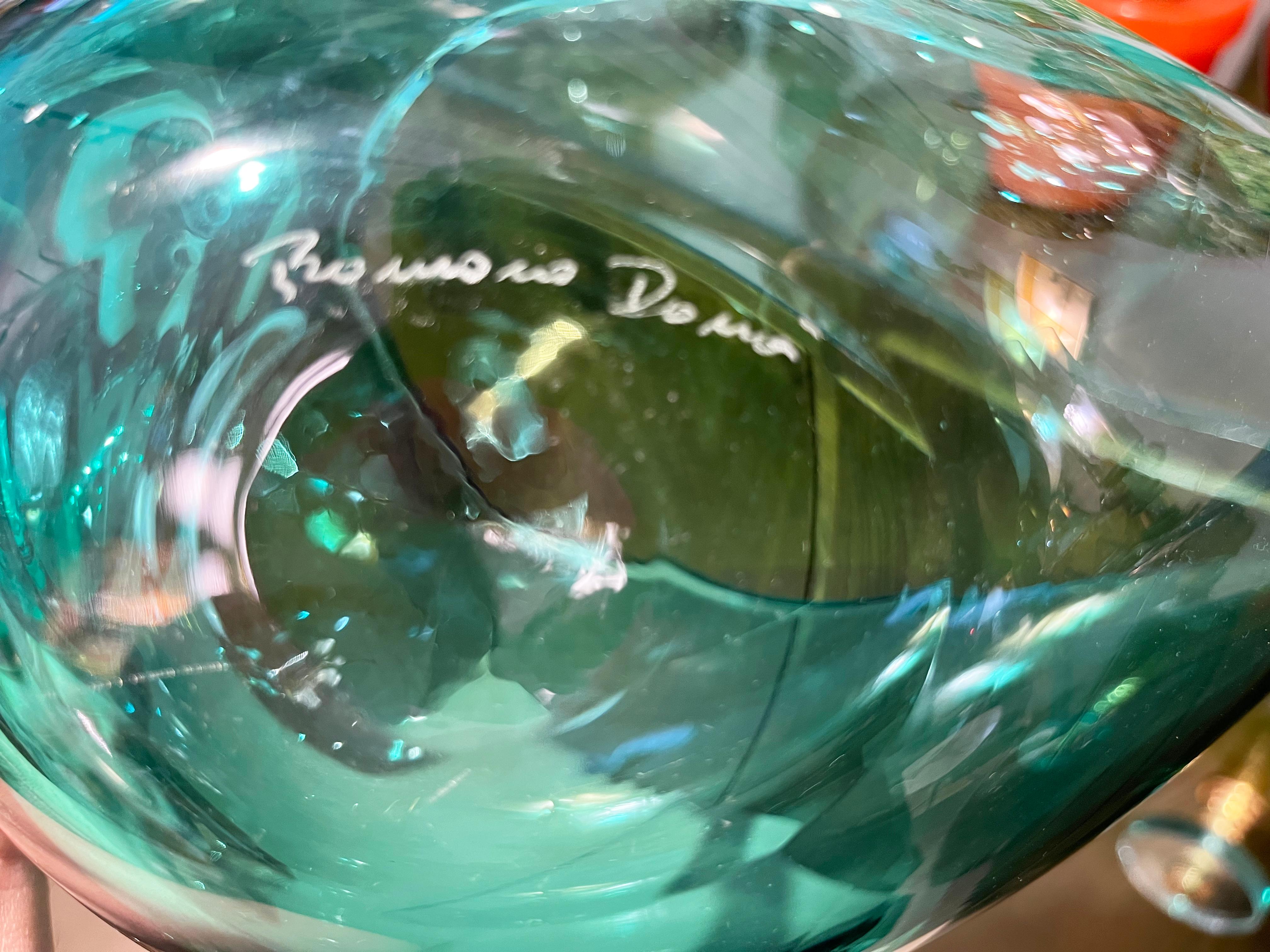 Hand-Crafted 1980 Romano Donà Italian Modern Aqua Turquoise Murano Art Glass Spire Shell Bowl