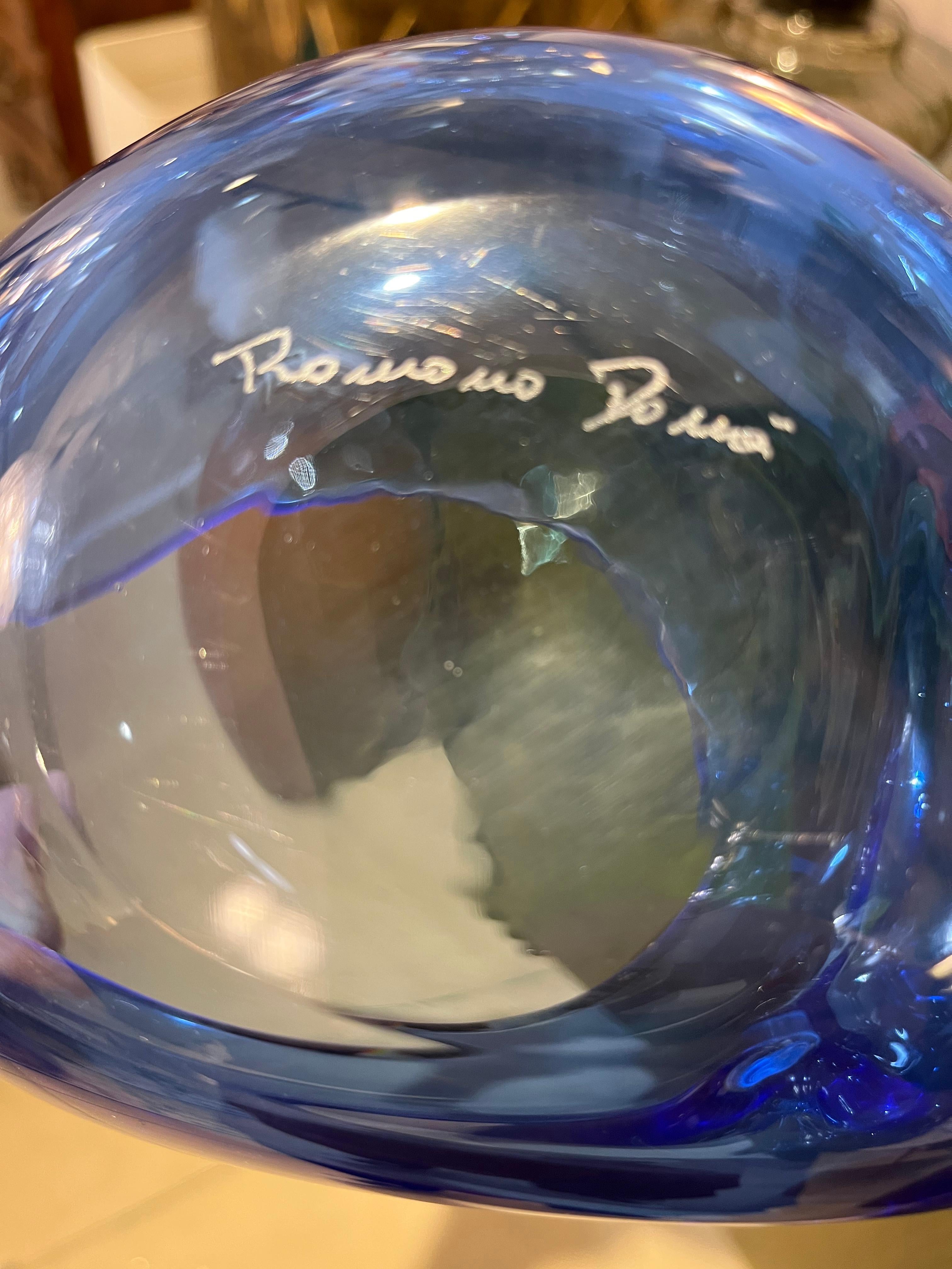 1980 Romano Donà Italian Modern Cobalt Blue Murano Art Glass Spire Shell Bowl 1