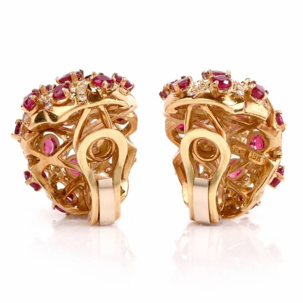 1980 Ruby Diamond Yellow 18 Karat Gold Clip-On Earrings In Excellent Condition In Miami, FL