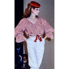 1980 Runway Yves Saint Laurent Red & White Striped Ruffled Blouse