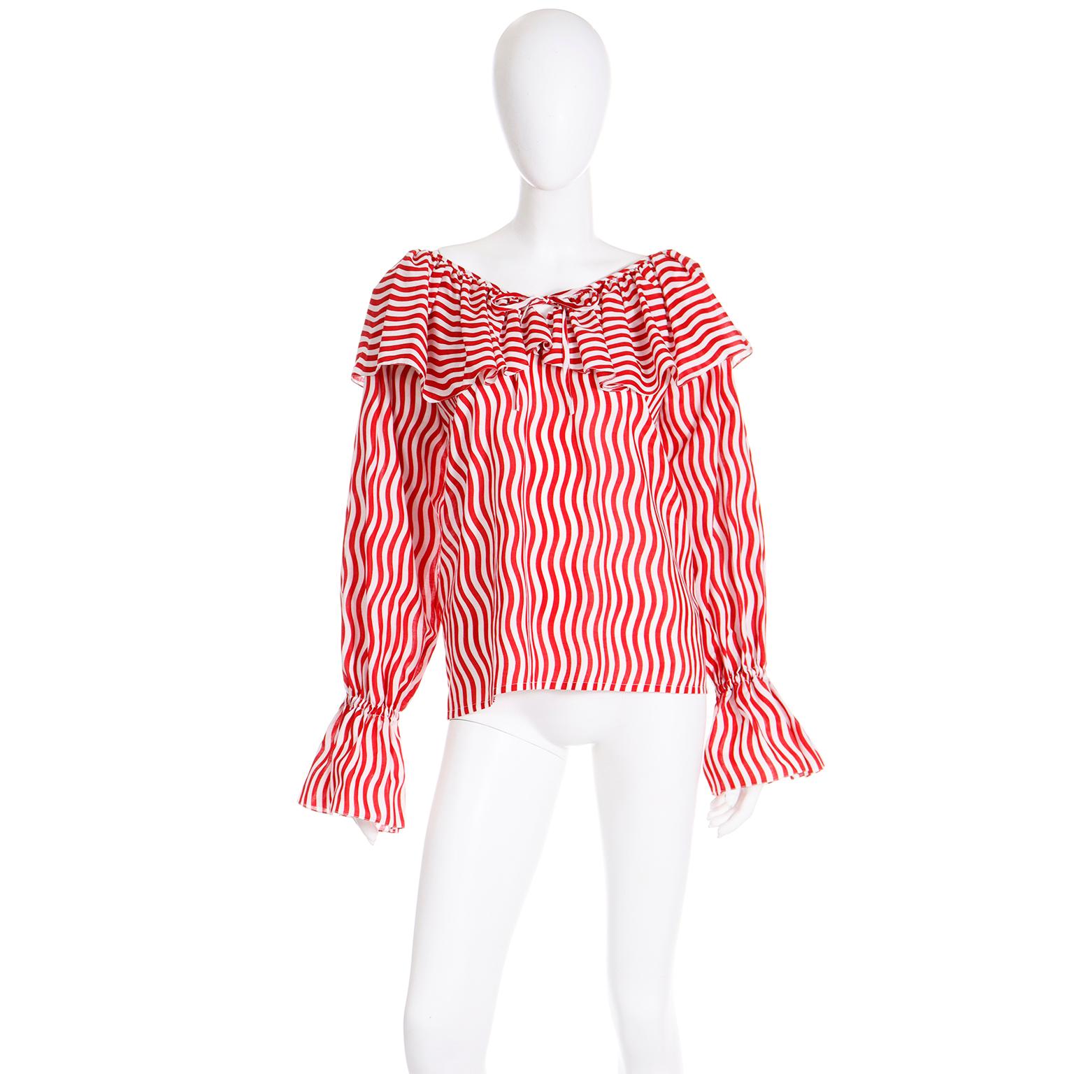 Pink 1980 Runway Yves Saint Laurent Red & White Striped Ruffled Blouse For Sale