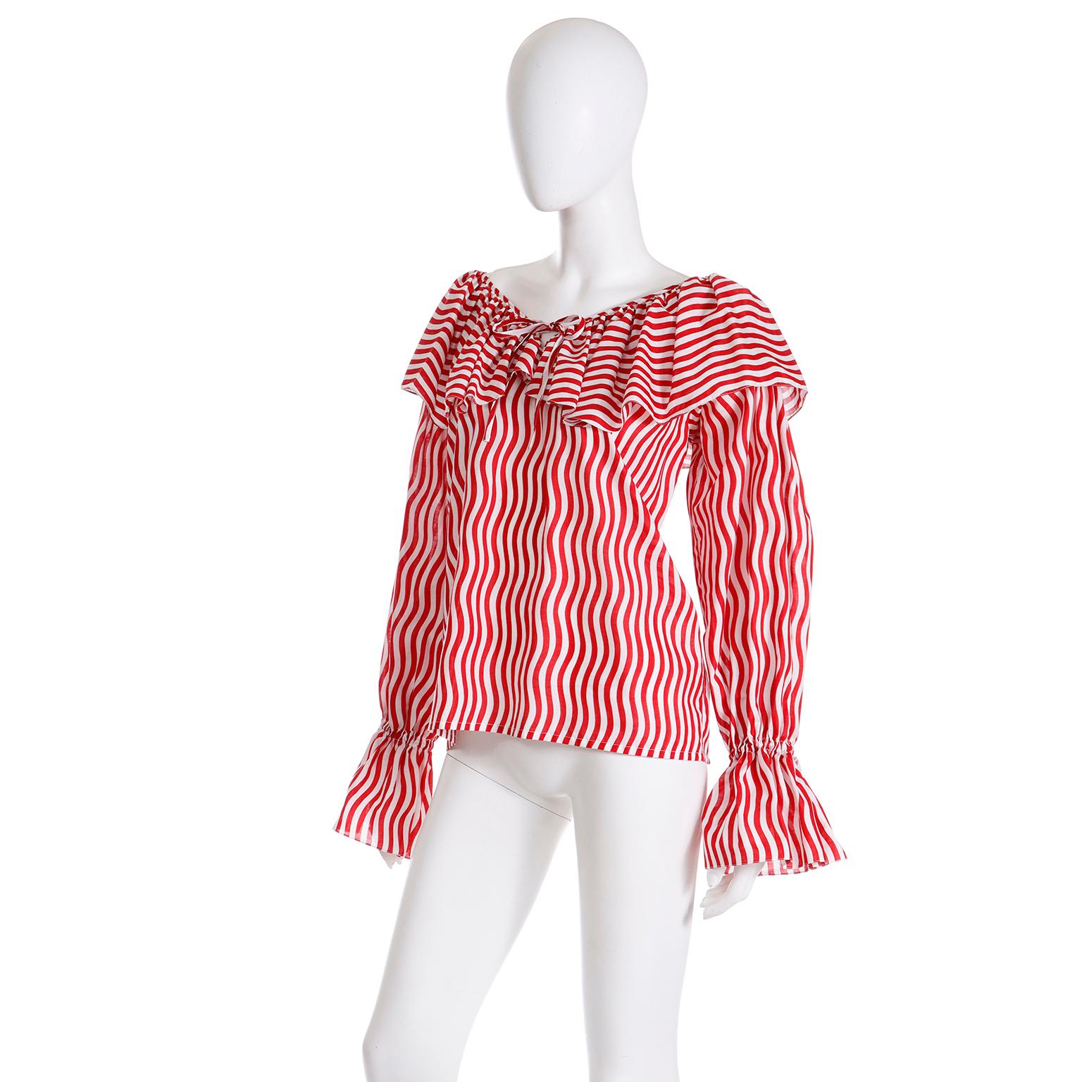 1980 Runway Yves Saint Laurent Red & White Striped Ruffled Blouse In Excellent Condition For Sale In Portland, OR