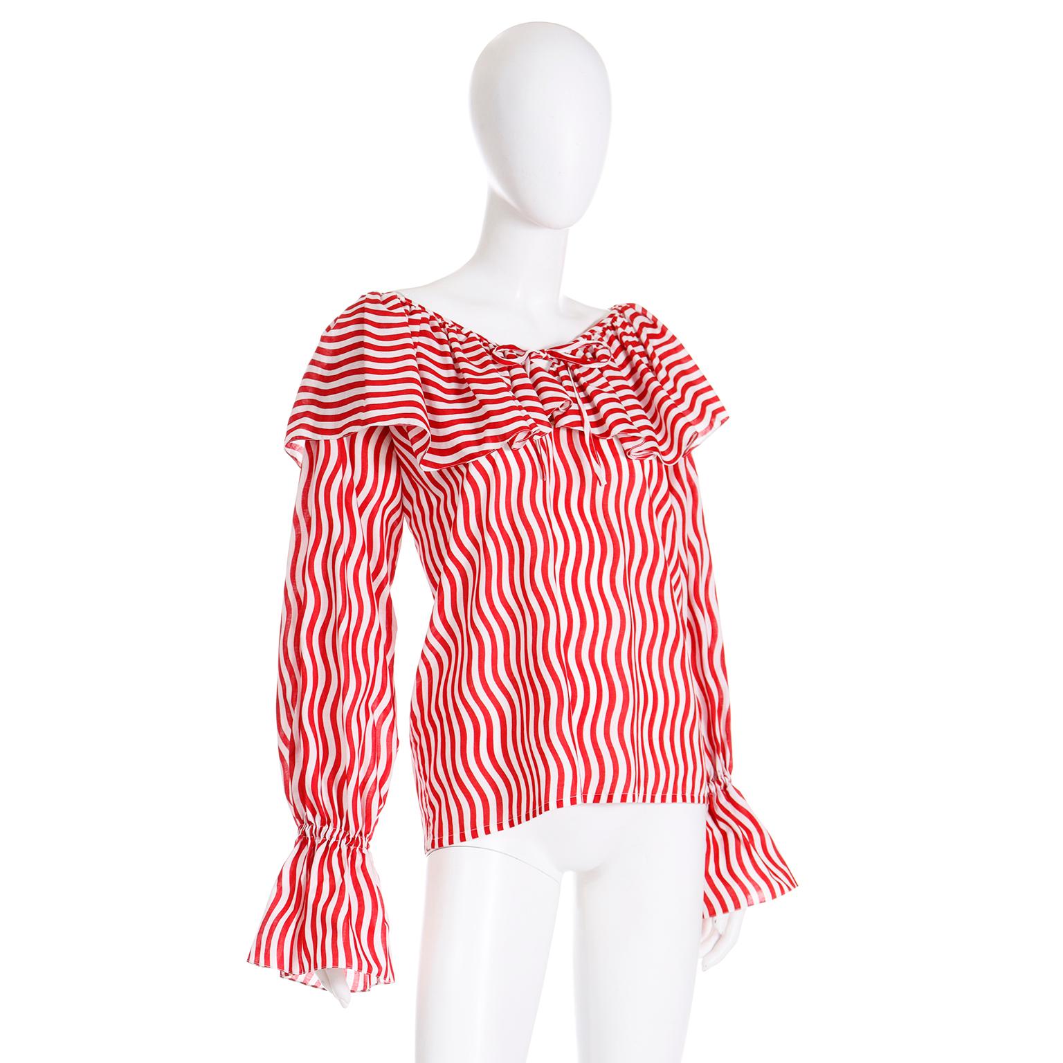 1980 Runway Yves Saint Laurent Red & White Striped Ruffled Blouse For Sale 1