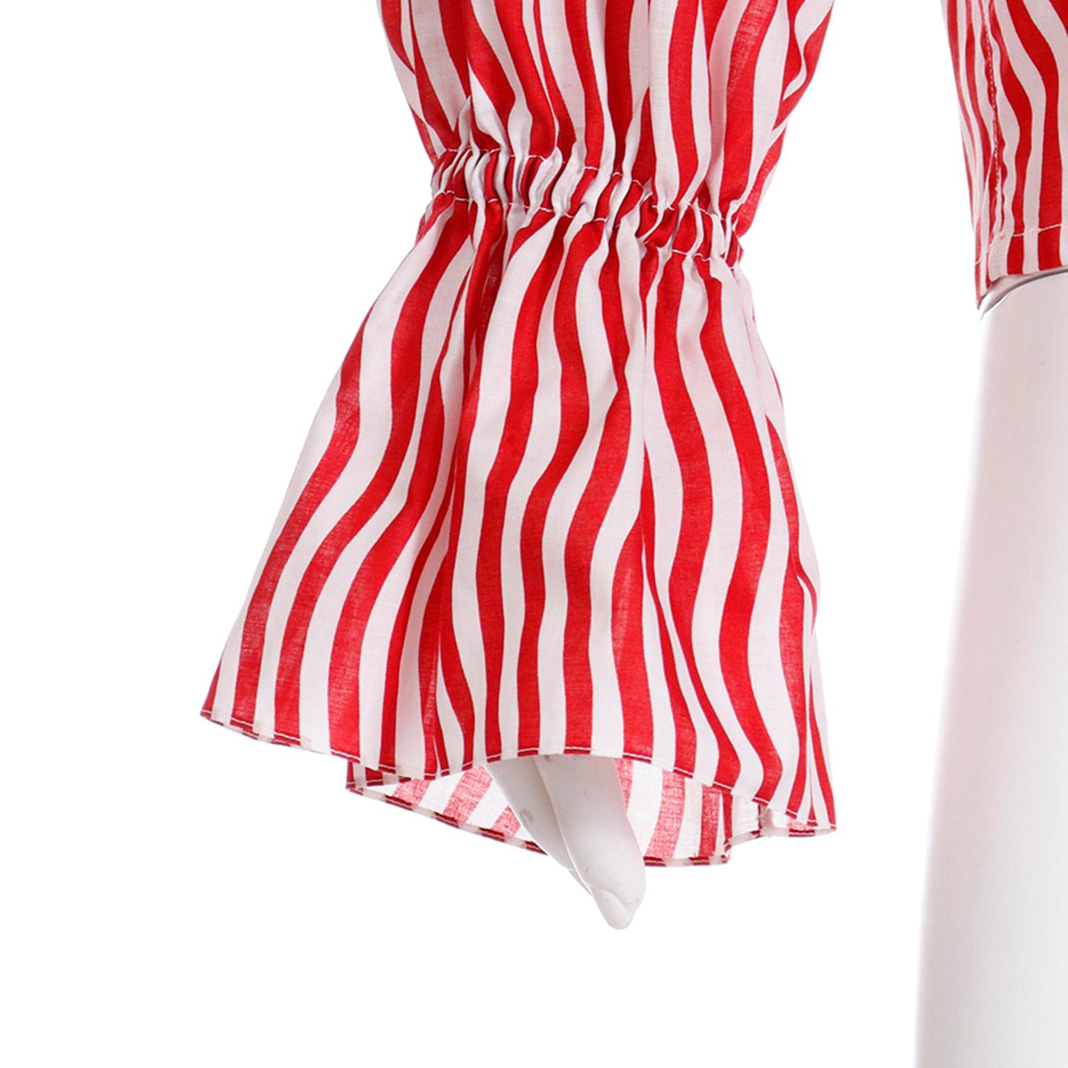 1980 Runway Yves Saint Laurent Red & White Striped Ruffled Blouse For Sale 3