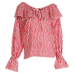 Retro 1980 Runway Yves Saint Laurent Red & White Striped Ruffled Blouse