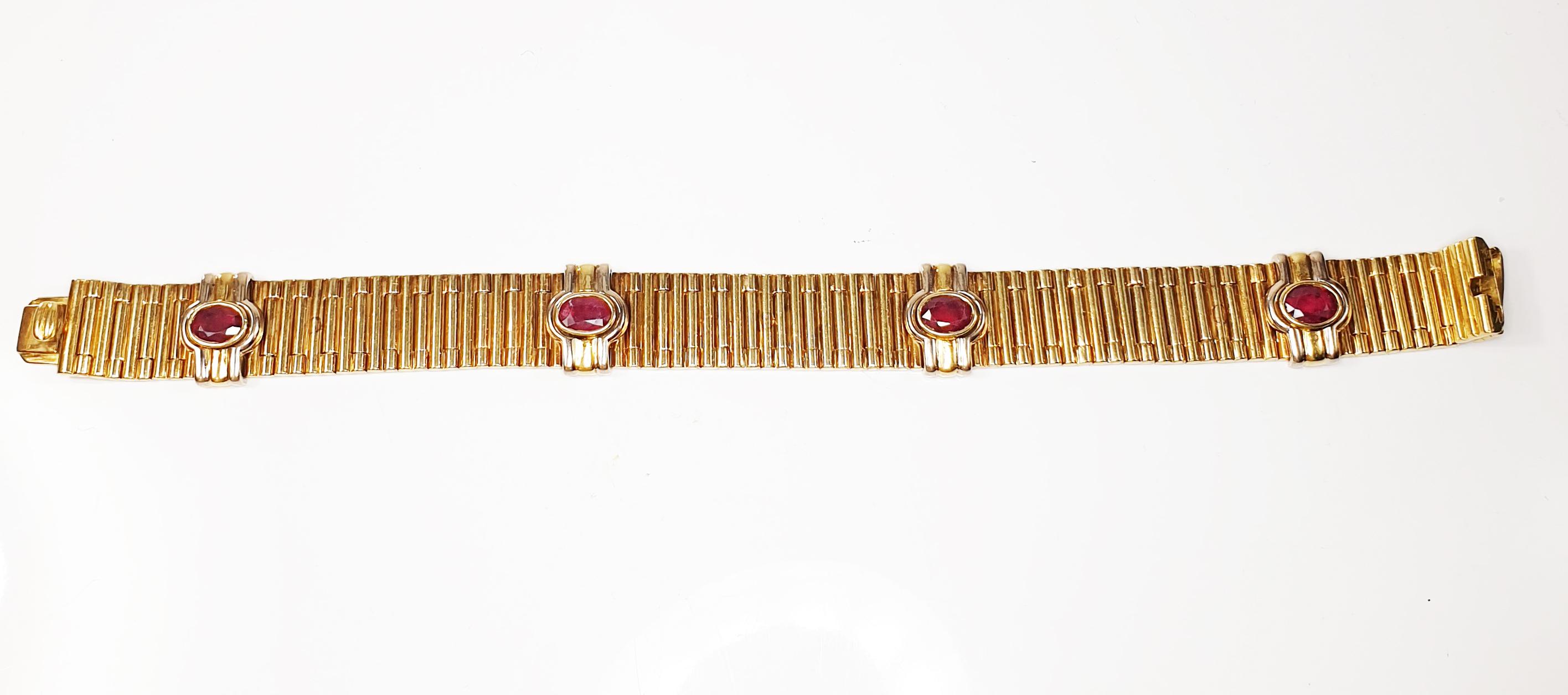 Modern 1980s Bracelet Manchette Bullet Rouleaux 18 Karat Yellow Gold and Oval Rubies