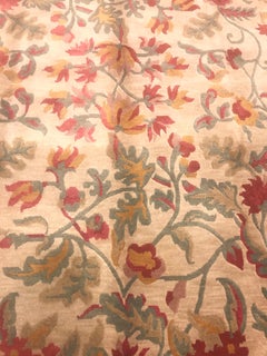1980s Floral Indian Rug Handmade in Wool and Cotton in Yellow, Olive and Red