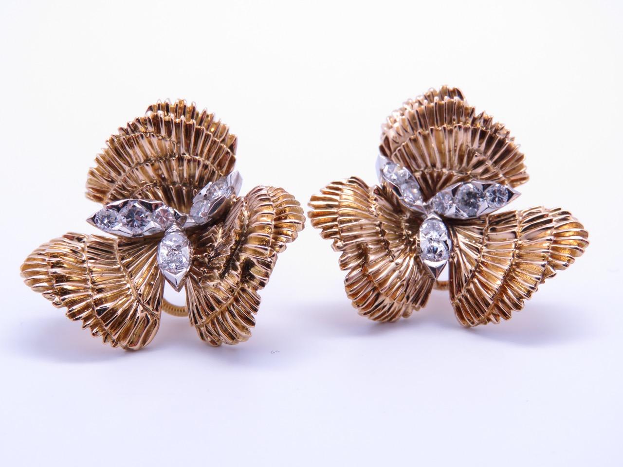 French Cut 1980s Mauboussin Diamond Platinum Gold Clip-On Earrings For Sale