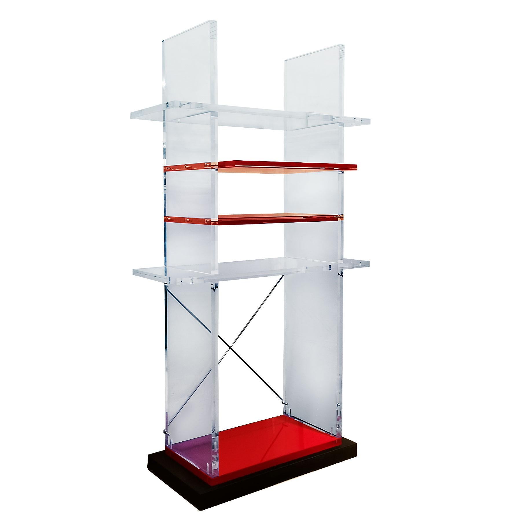 Post-Modern 1980s Pair of Bookcases, Cast Iron, Transparent and Red Thick Plexiglas - Italy For Sale