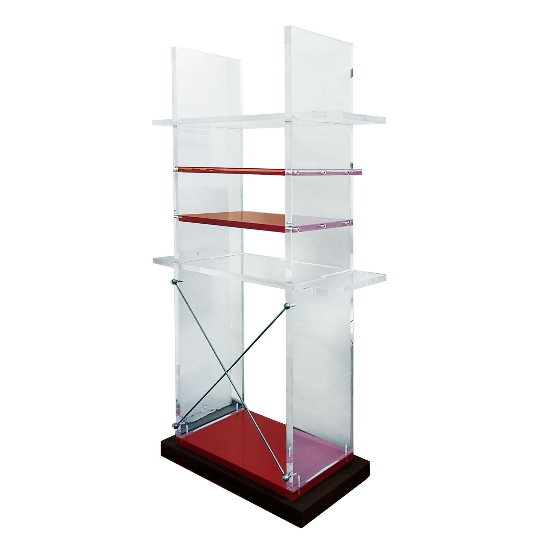 Plated 1980s Pair of Bookcases, Cast Iron, Transparent and Red Thick Plexiglas - Italy For Sale