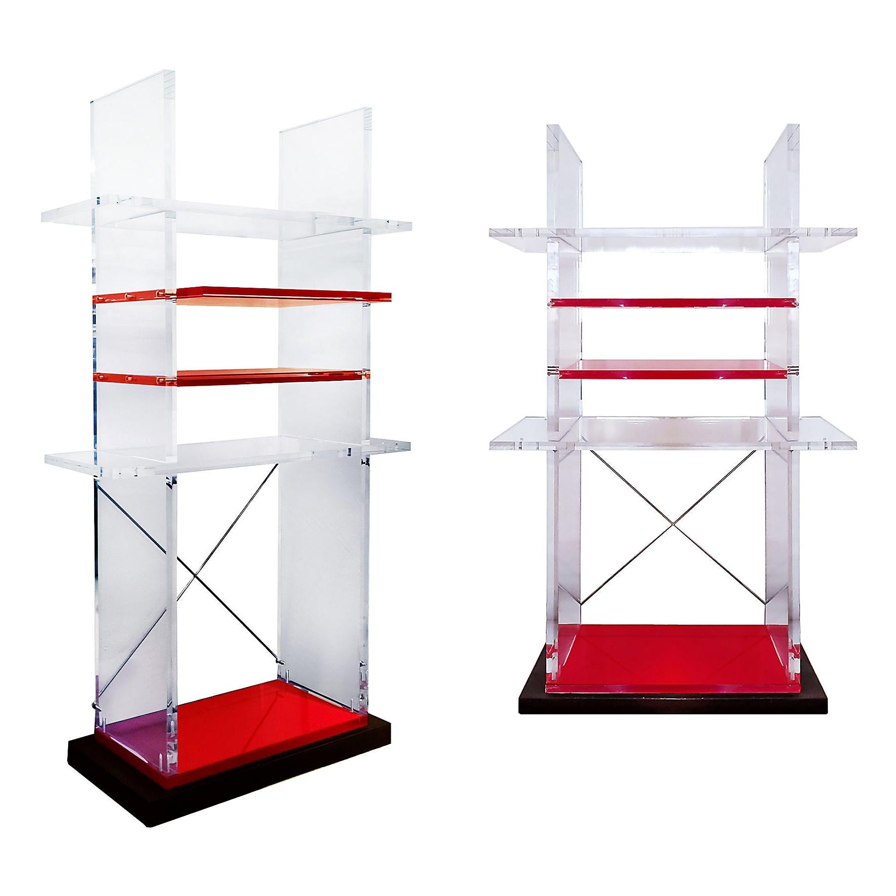 1980s Pair of Bookcases, Cast Iron, Transparent and Red Thick Plexiglas, Italy