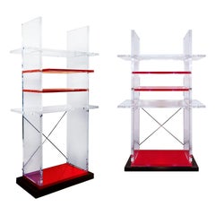 1980s Pair of Bookcases, Cast Iron, Transparent and Red Thick Plexiglas - Italy