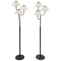 1980s Pair of Standing Lamps with Three Branches, Steel, Brass, Glass, Italy