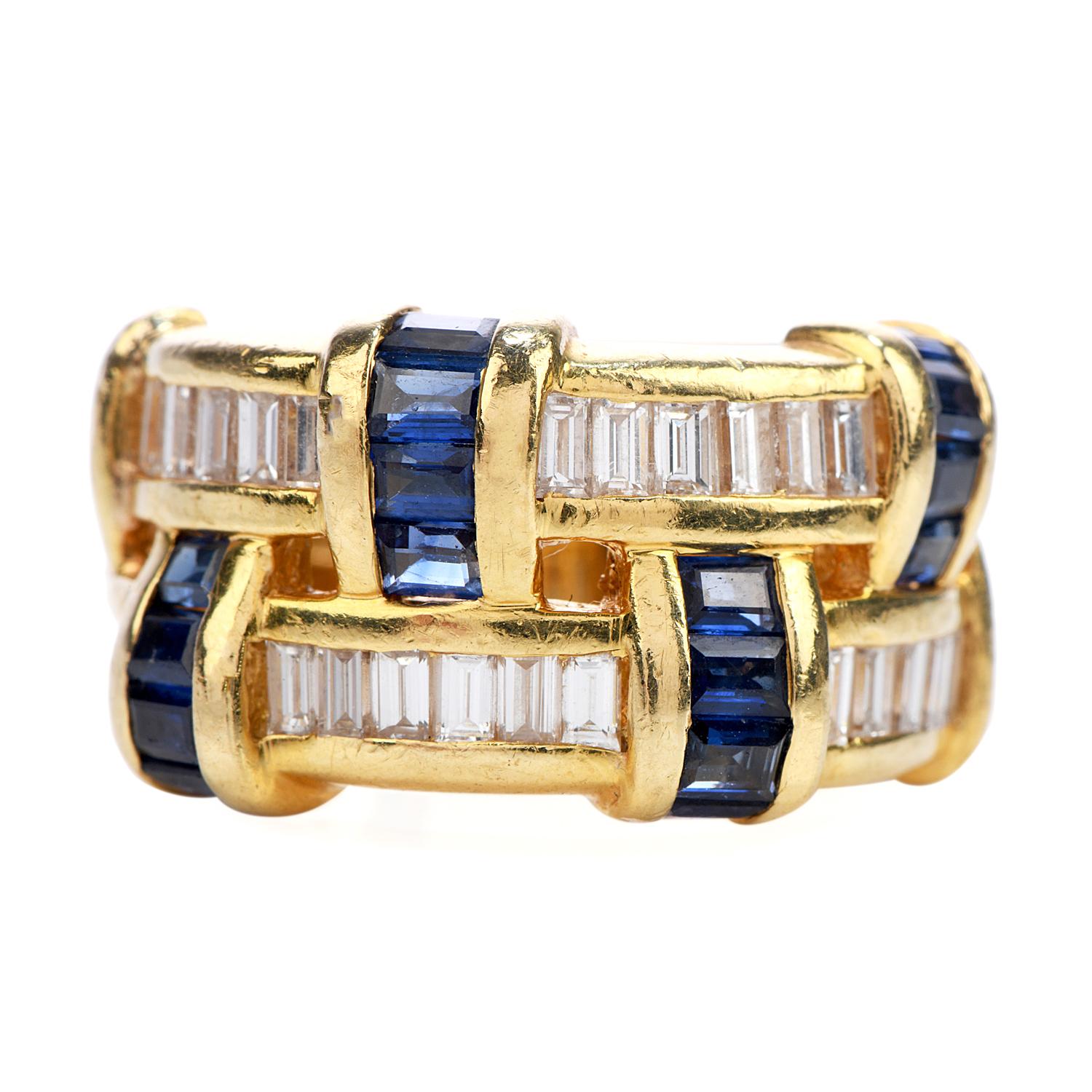  1980s Vintage Keypell wide diamond sapphire band ring, in an intricate woven design.

Crafted in 18K yellow gold and featuring (22) baguette-cut diamonds weighing approximately 1.00 carats (G-H color and VS clarity) plus (26) baguette-cut Blue