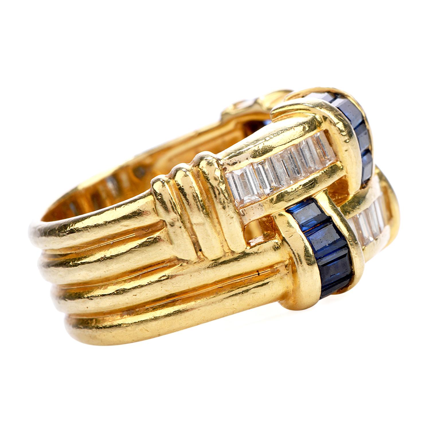 Baguette Cut Krypell Sapphire Diamond 18K Gold Woven Wide Ring