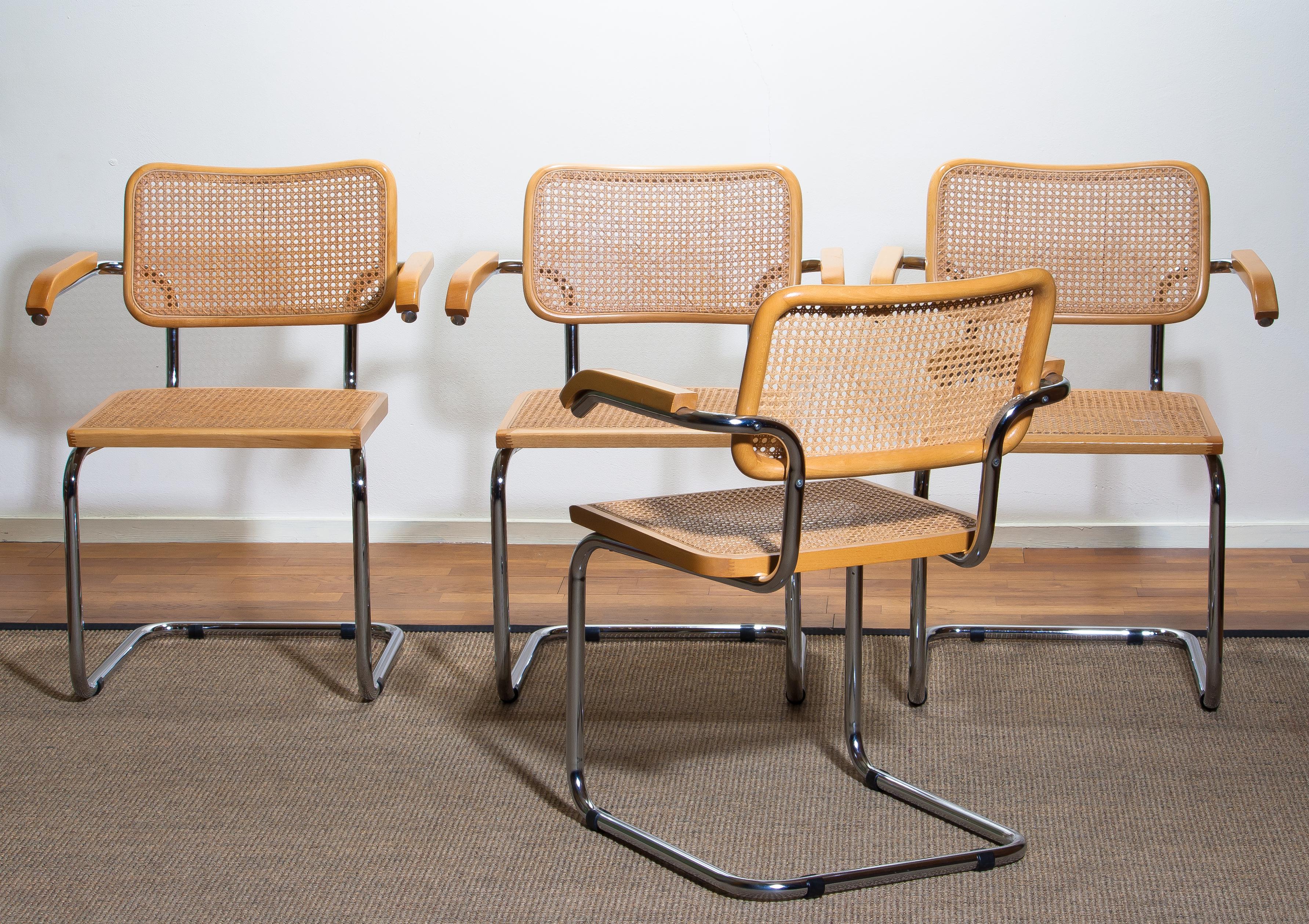 1980, Set Of four Marcel Breuer Chrome and Gold Beech Cesca B64 Chairs, Italy 3