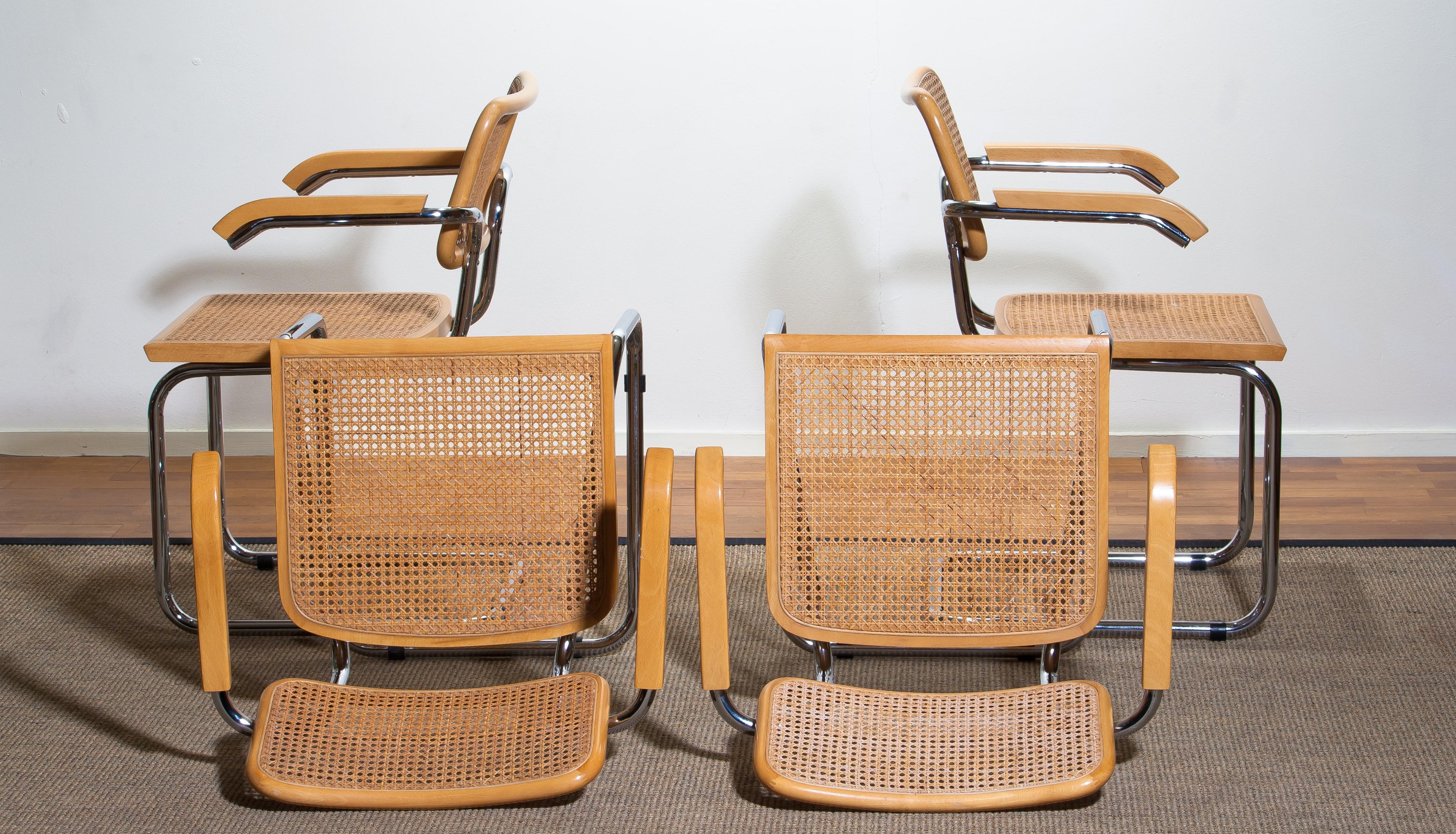1980, Set Of four Marcel Breuer Chrome and Gold Beech Cesca B64 Chairs, Italy 6