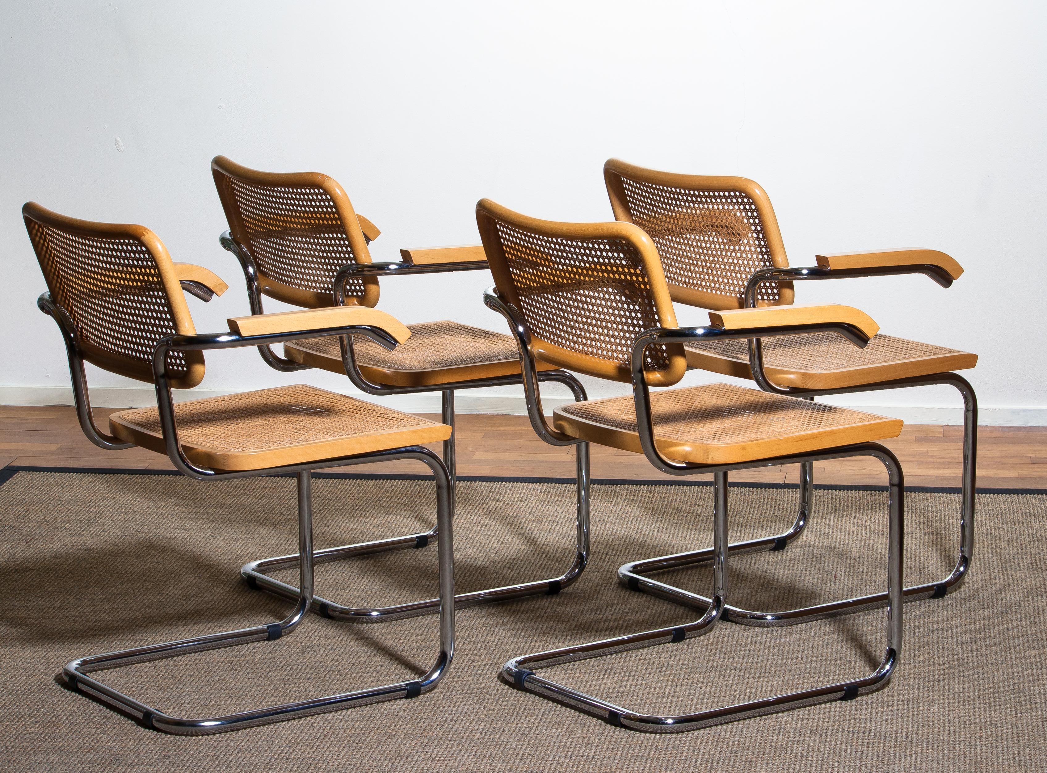 Mid-Century Modern 1980, Set Of four Marcel Breuer Chrome and Gold Beech Cesca B64 Chairs, Italy