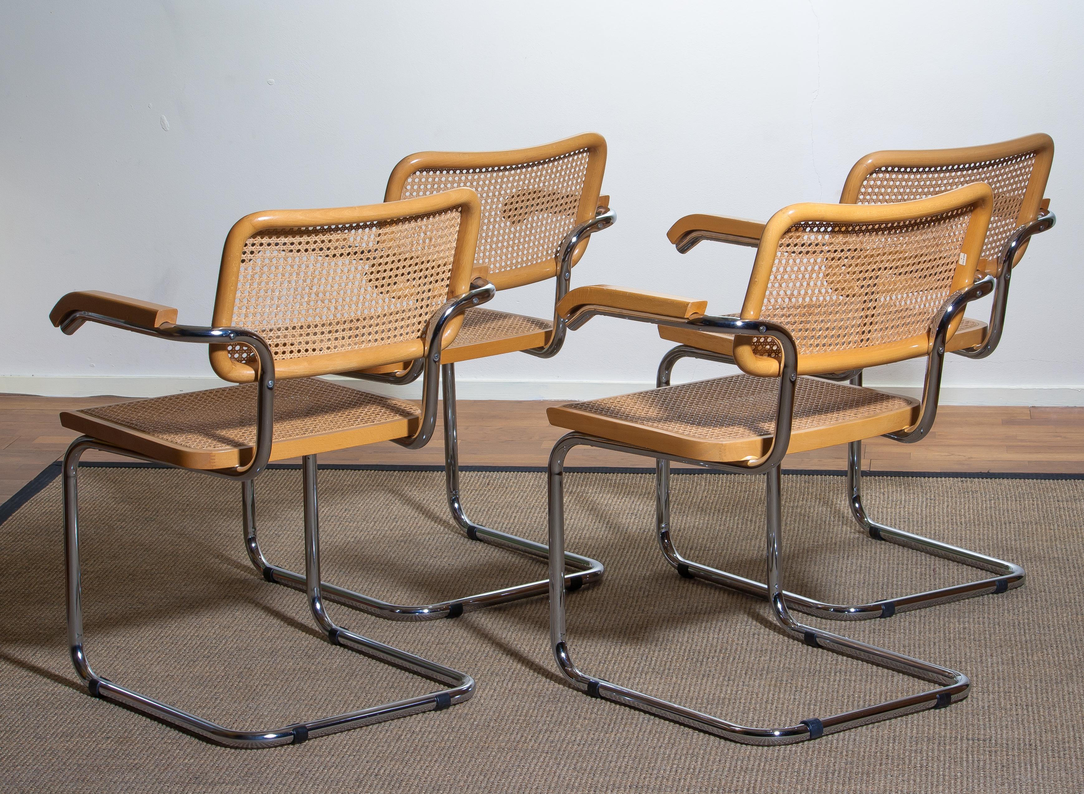 Italian 1980, Set Of four Marcel Breuer Chrome and Gold Beech Cesca B64 Chairs, Italy