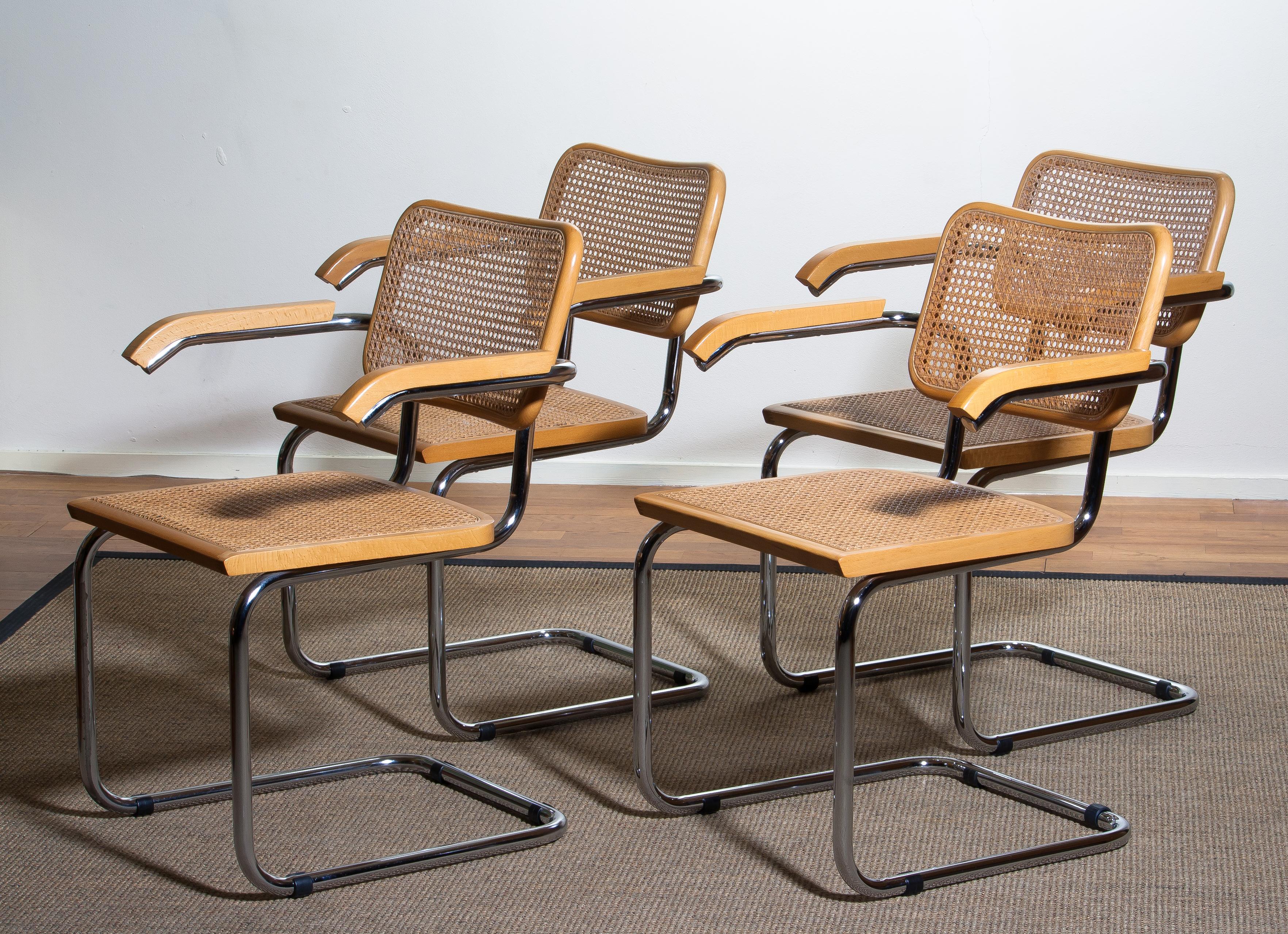 1980, Set Of four Marcel Breuer Chrome and Gold Beech Cesca B64 Chairs, Italy In Good Condition In Silvolde, Gelderland