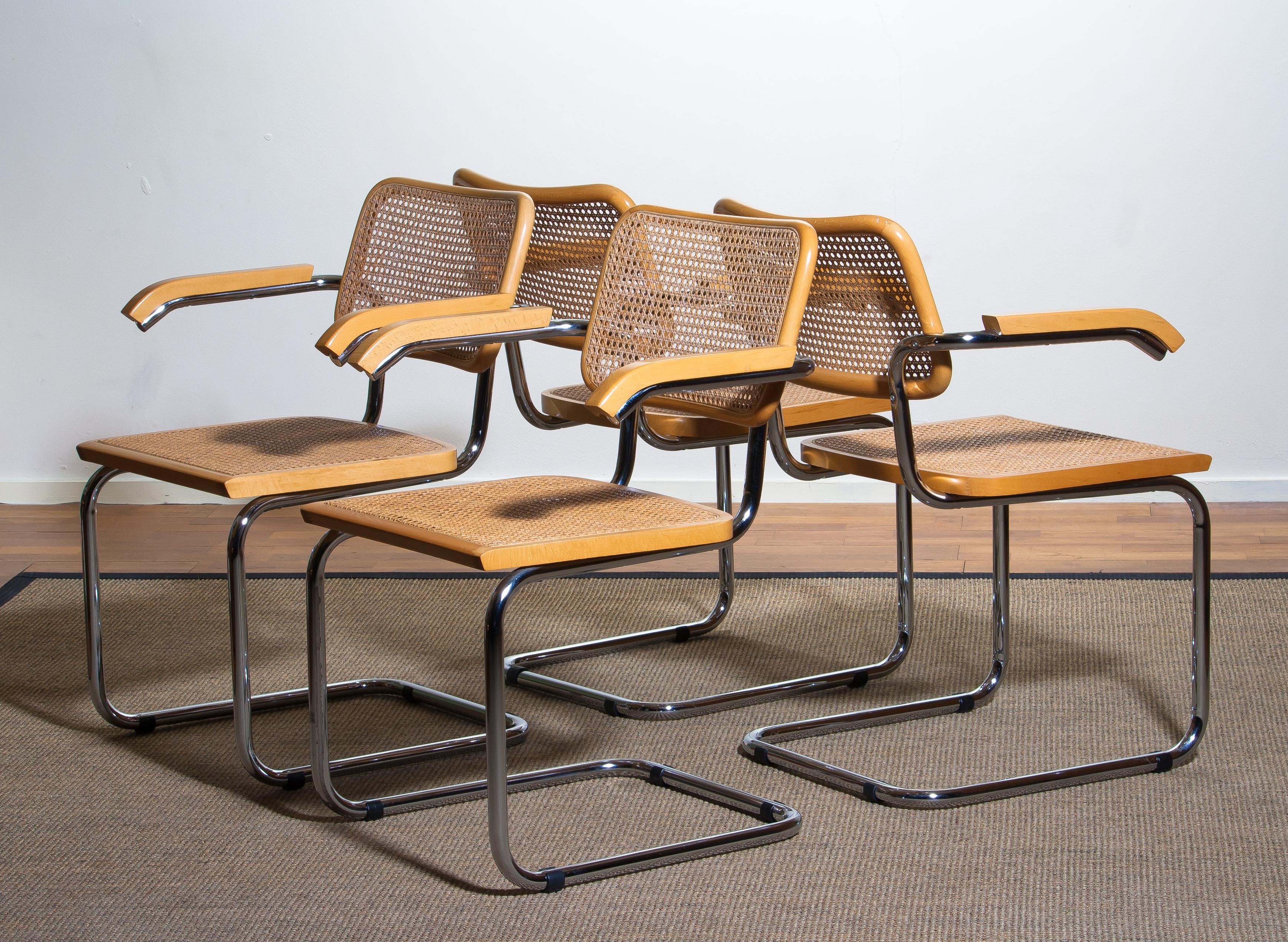 Late 20th Century 1980, Set Of four Marcel Breuer Chrome and Gold Beech Cesca B64 Chairs, Italy