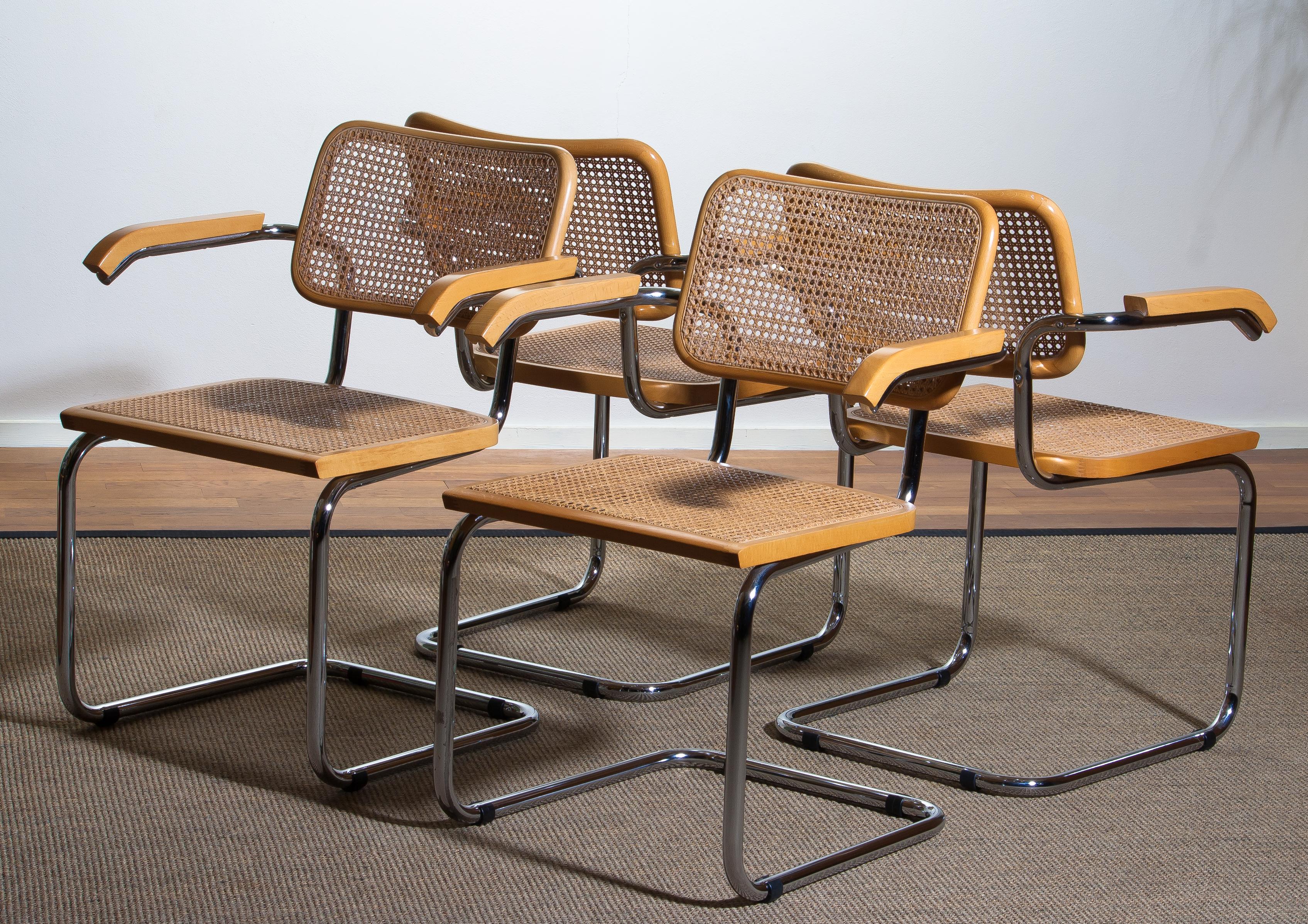 Metal 1980, Set Of four Marcel Breuer Chrome and Gold Beech Cesca B64 Chairs, Italy