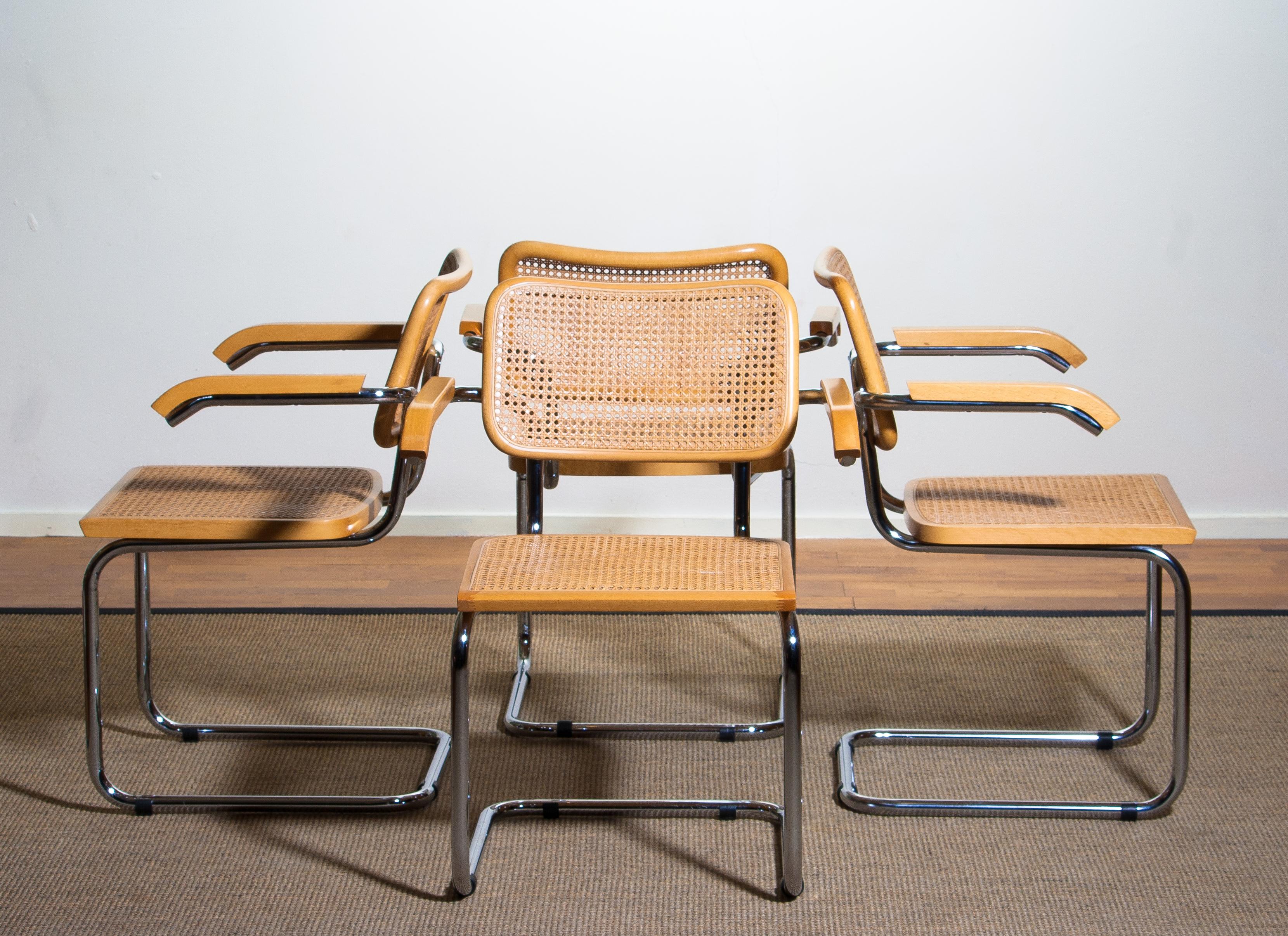 1980, Set Of four Marcel Breuer Chrome and Gold Beech Cesca B64 Chairs, Italy 1