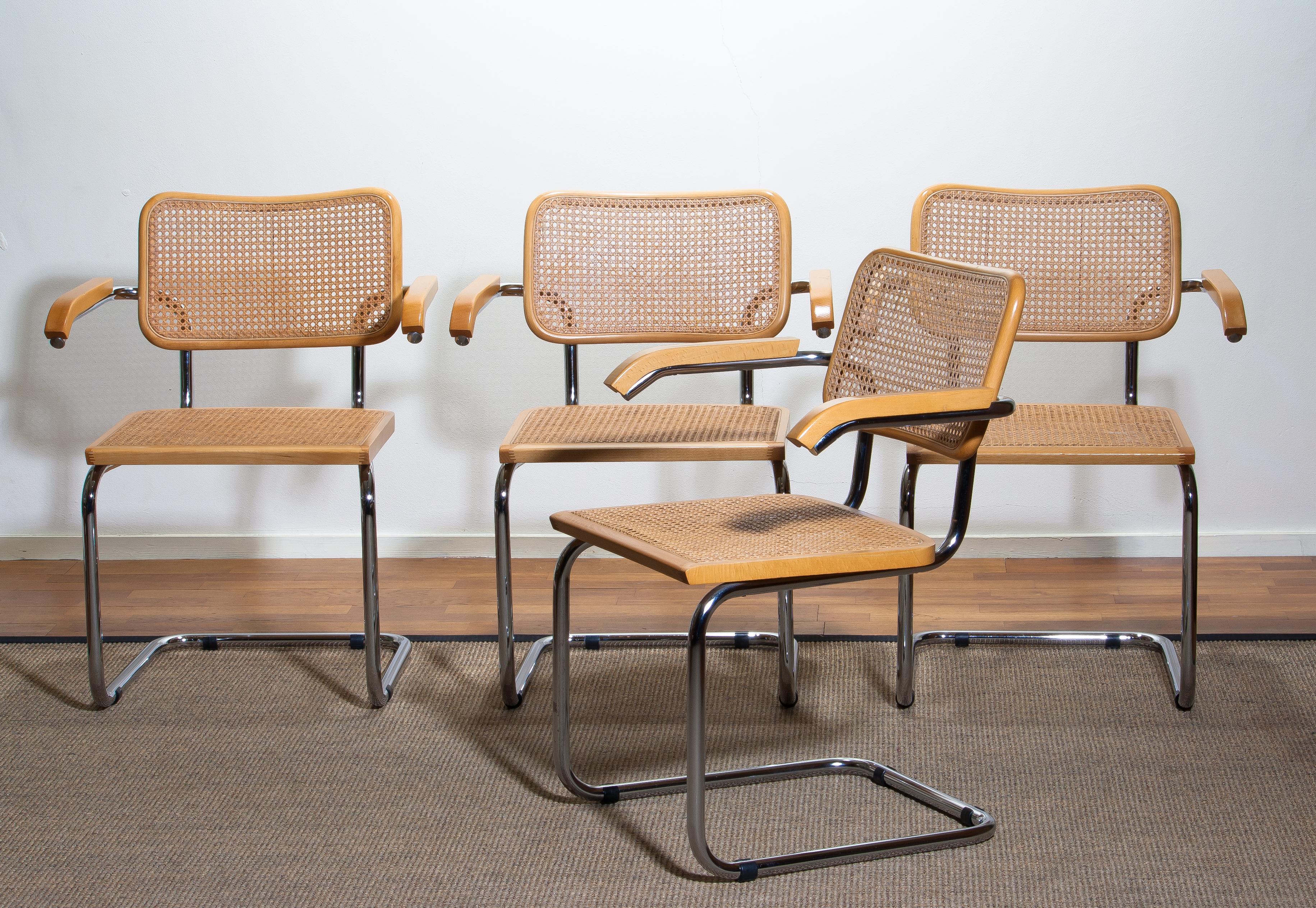 1980, Set Of four Marcel Breuer Chrome and Gold Beech Cesca B64 Chairs, Italy 2