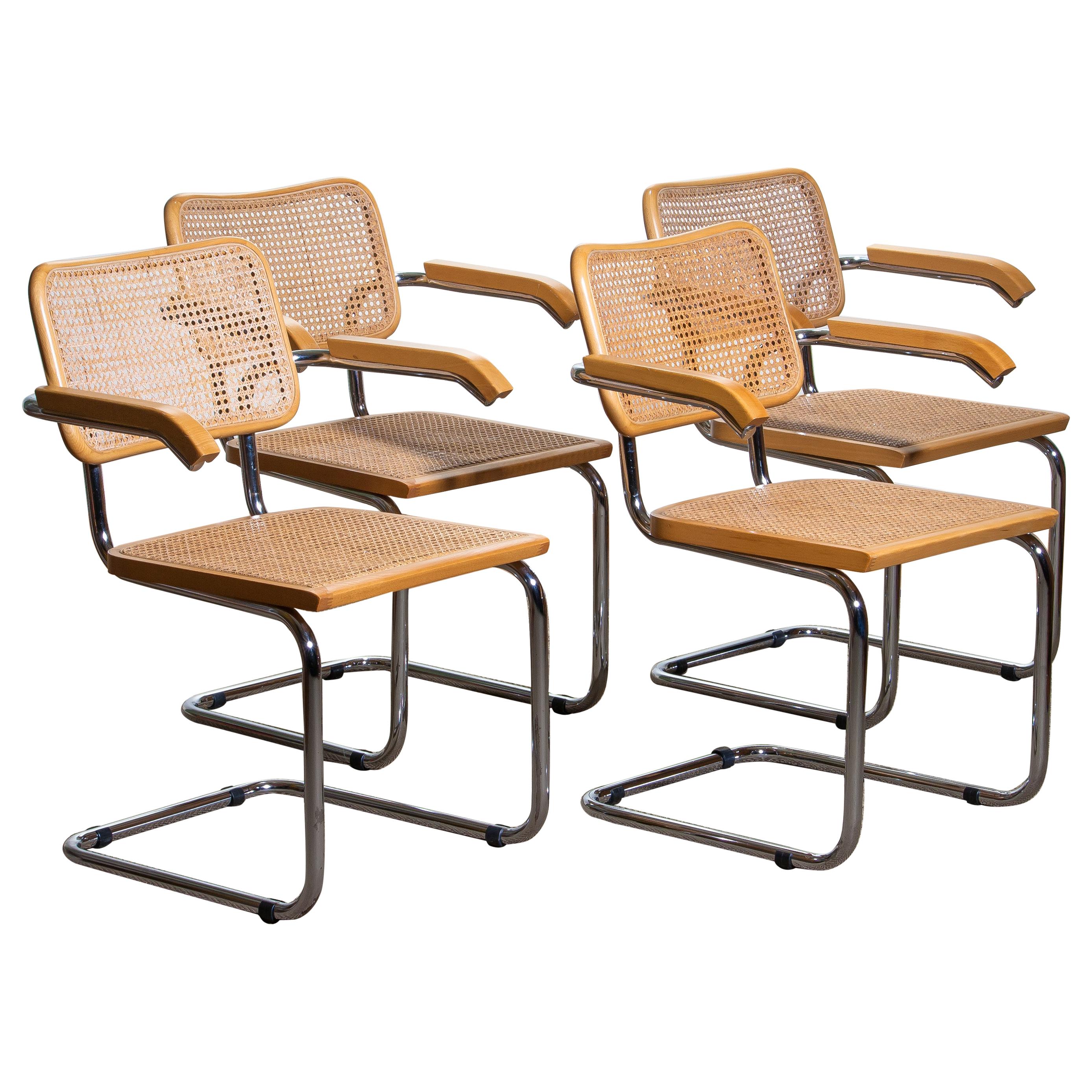 1980, Set Of four Marcel Breuer Chrome and Gold Beech Cesca B64 Chairs, Italy