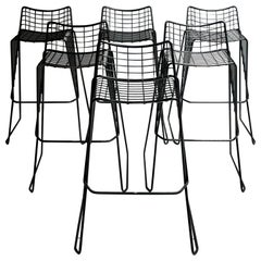 1980, Set of Six Vintage Stools, in Black Iron with Footrest