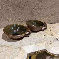 1980 Set of Two Sculptural Coffee Cups Abstract Art Pottery Signed