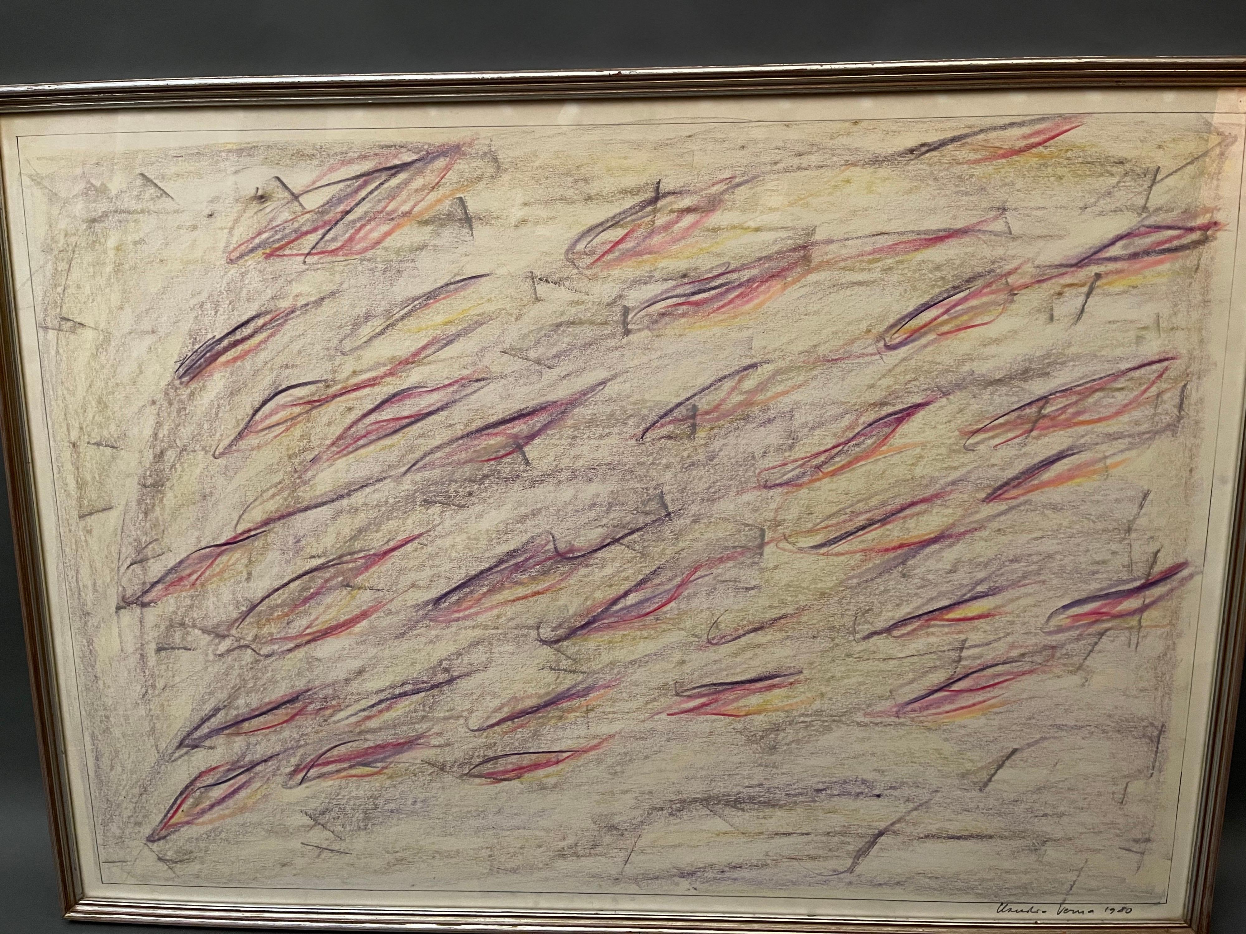 Claudio Verna pastel on paper signed and dated 1980 registered and certified by the Claudio Verna Archive.
 This artwork, never before on the market, comes from a private collection and is beautified by an impressive frame in silvered wood, in