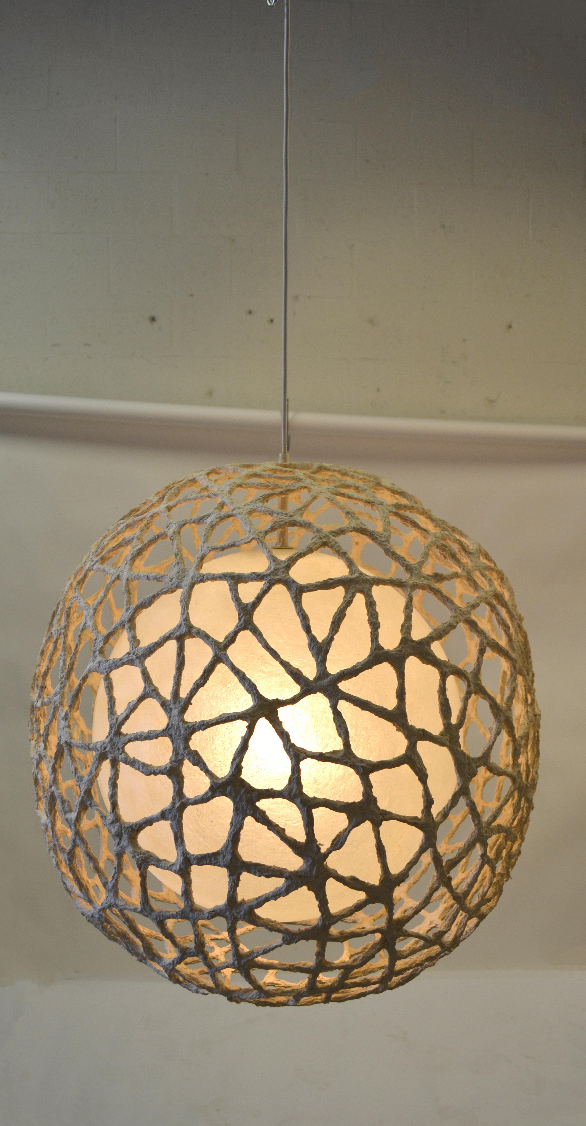 1980 Space Age Tan Fiberglass Paper Mache Spheres Pendant Lamp Light Fixture For Sale 6