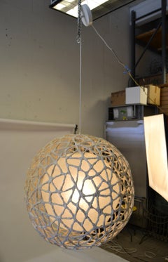 1980 Space Age Tan Fiberglass Paper Mache Spheres Pendant Lamp Light Fixture
