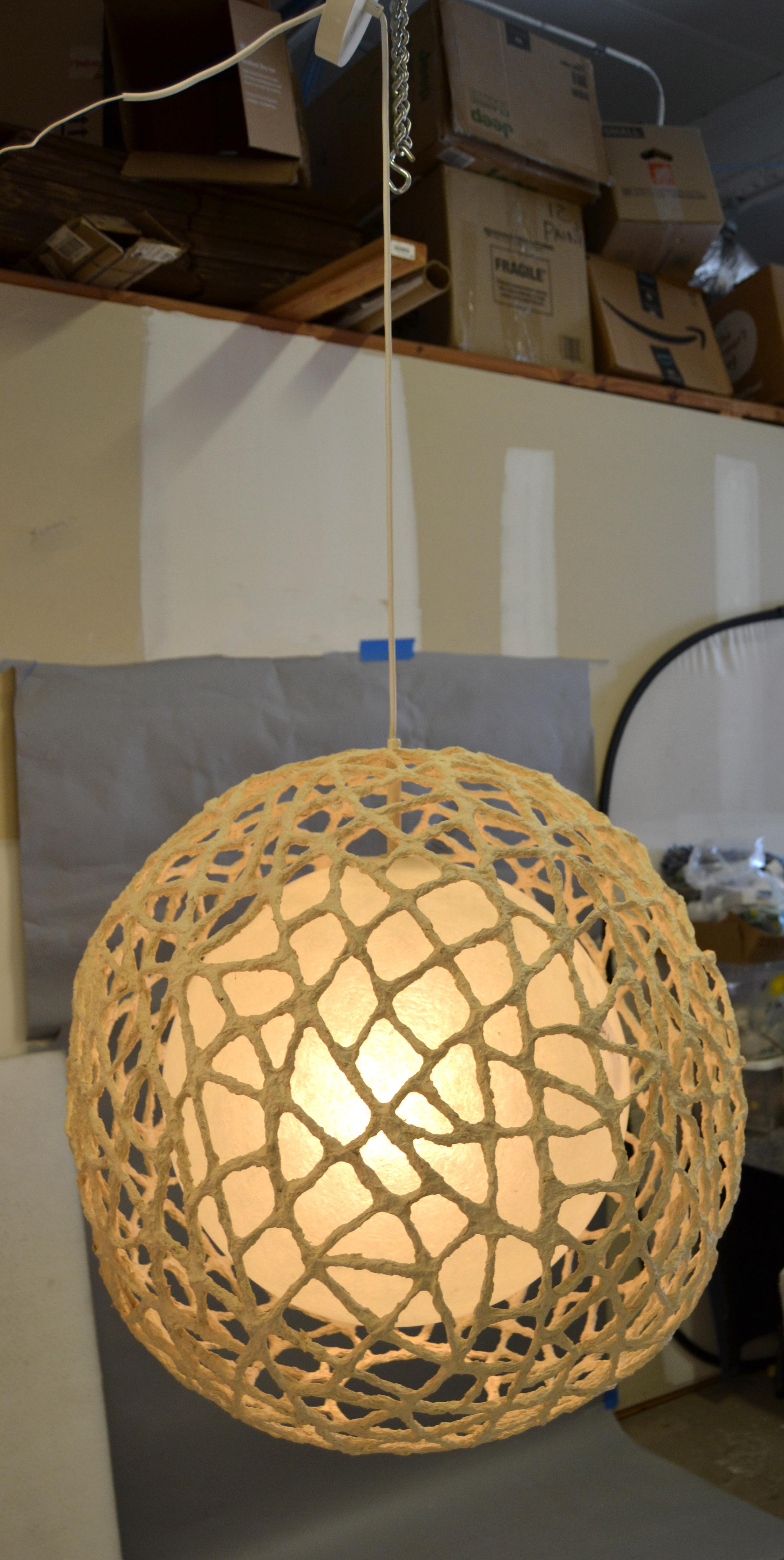 Metal 1980 Space Age Tan Fiberglass Paper Mache Spheres Pendant Lamp Light Fixture For Sale
